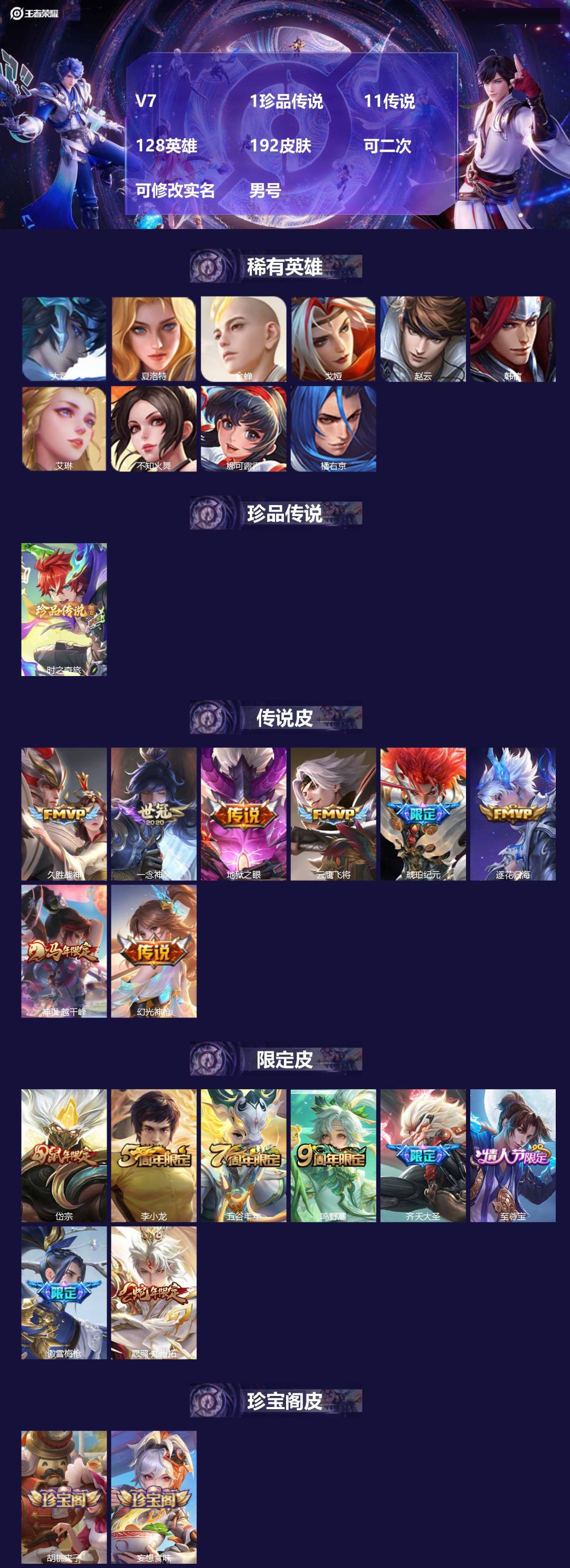 王者荣耀账号安卓QQV7 1珍品传说 11传说 128英雄 192皮肤 可二次 可修改实名 男号 
【英雄全皮】空空儿全