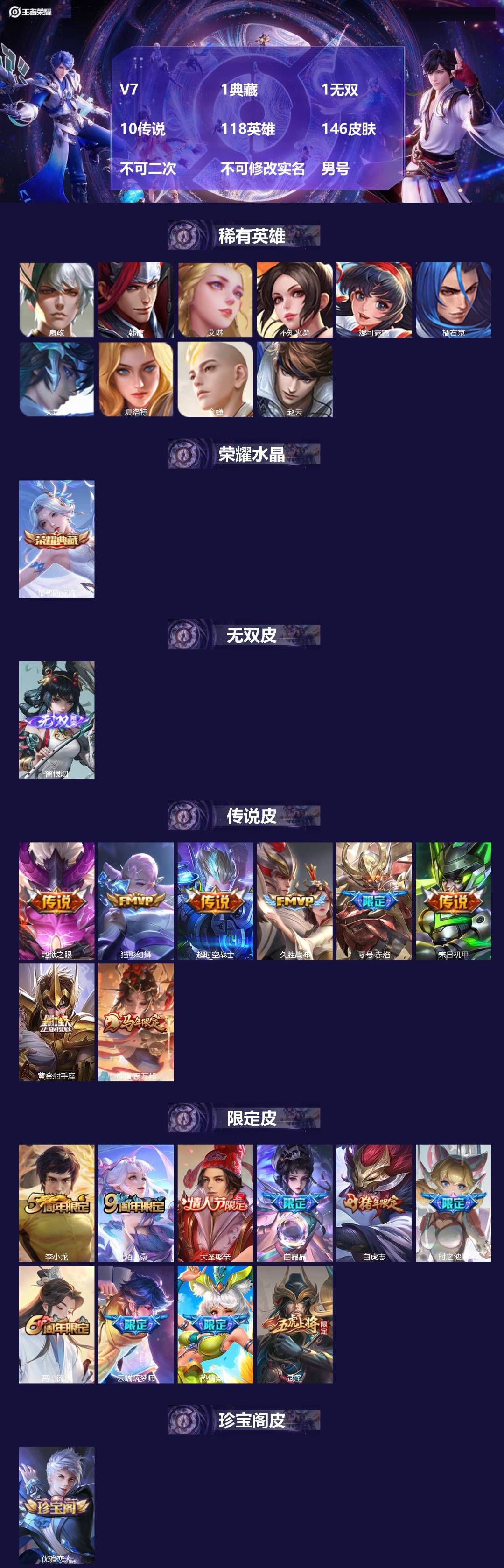 王者荣耀账号安卓QQ[27290535]V7 1典藏 1无双 10传说 118英雄 146皮肤 不可二次 不可修改实名 