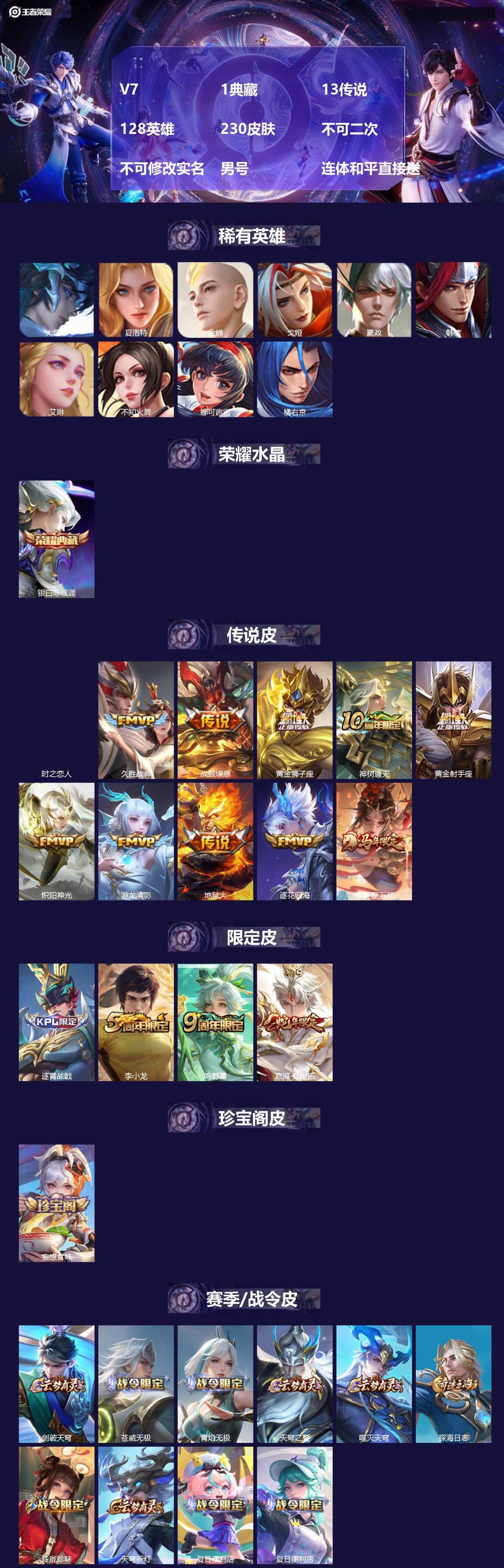 王者荣耀账号安卓QQ[27292729]V7 1典藏 13传说 128英雄 230皮肤 不可二次 不可修改实名 男号 连