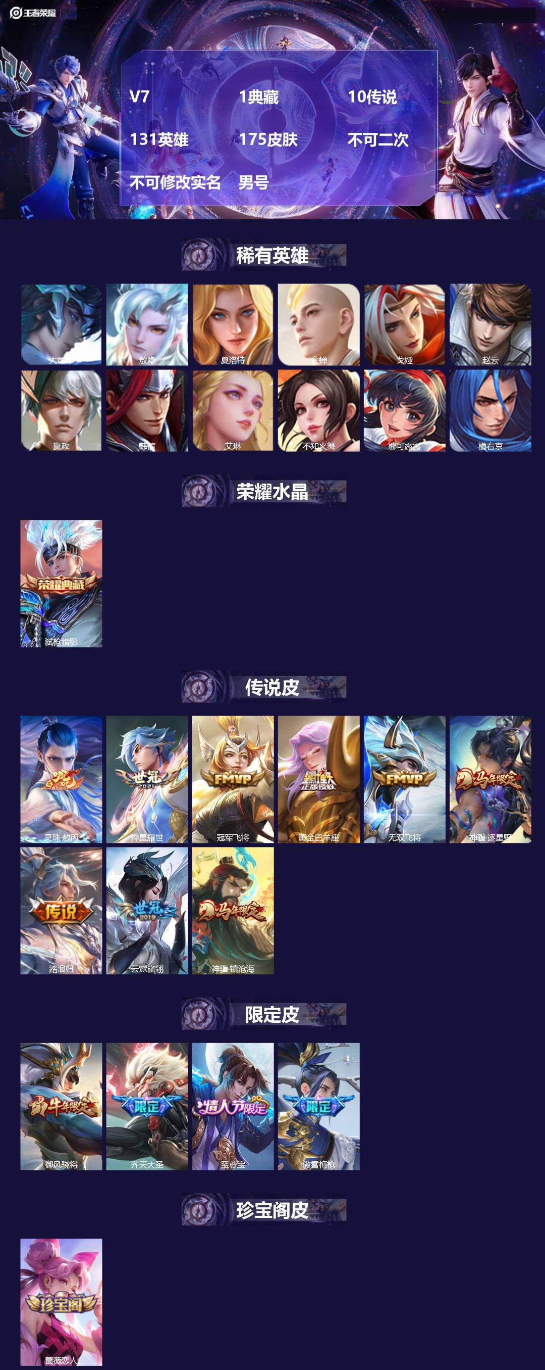 王者荣耀账号安卓QQ[27446039]V7 1典藏 10传说 131英雄 175皮肤 不可二次 不可修改实名 男号 
