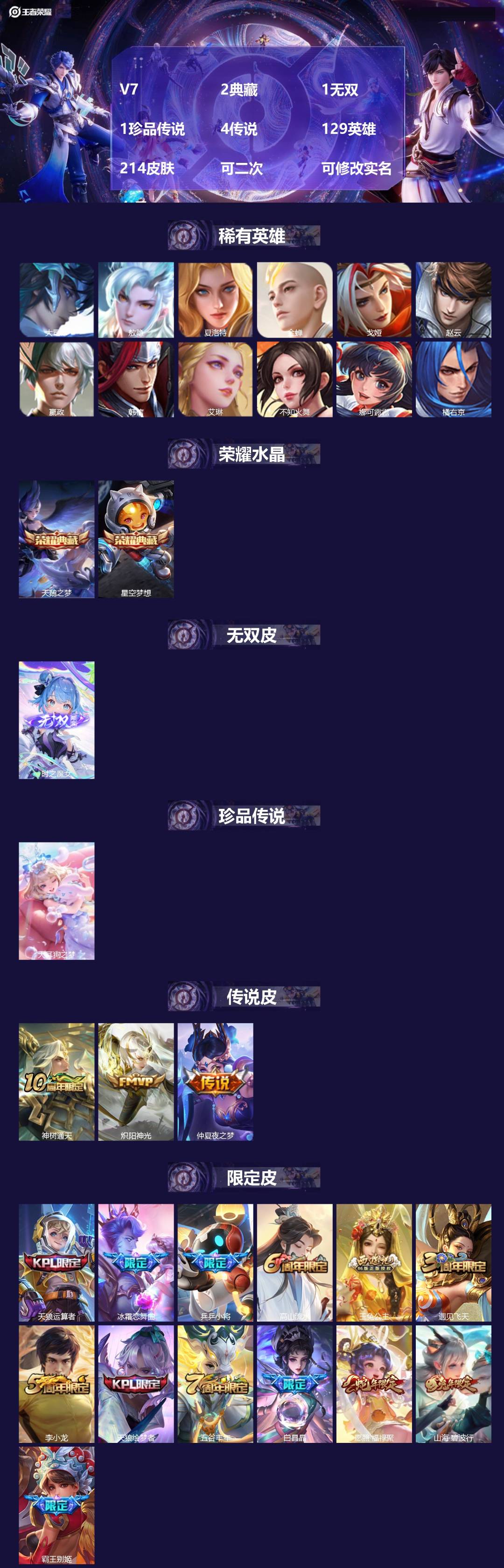 王者荣耀账号苹果QQ[27447037]V7 2典藏 1无双 1珍品传说 4传说 129英雄 214皮肤 可二次 可修改