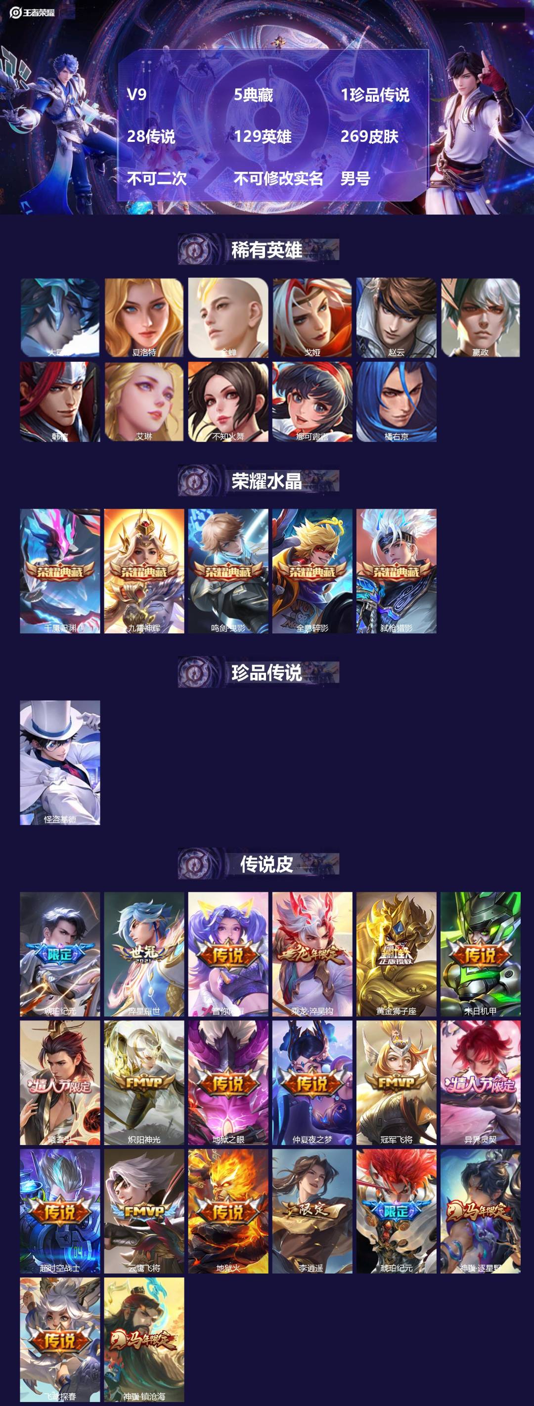 王者荣耀账号安卓QQV9 5典藏 1珍品传说 28传说 129英雄 269皮肤 不可二次 不可修改实名 男号 
【稀有英