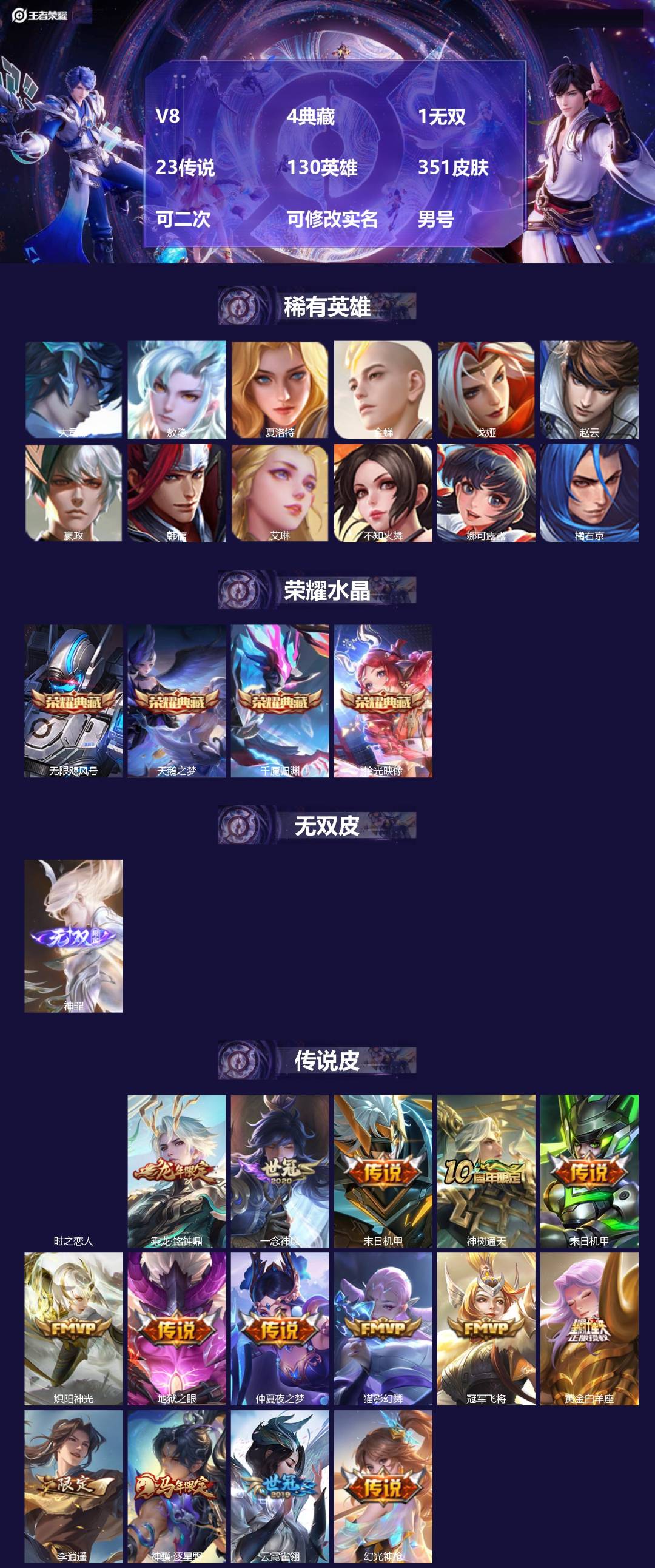 王者荣耀账号安卓QQ[27487997]V8 4典藏 1无双 23传说 130英雄 351皮肤 可二次 可修改实名 男号