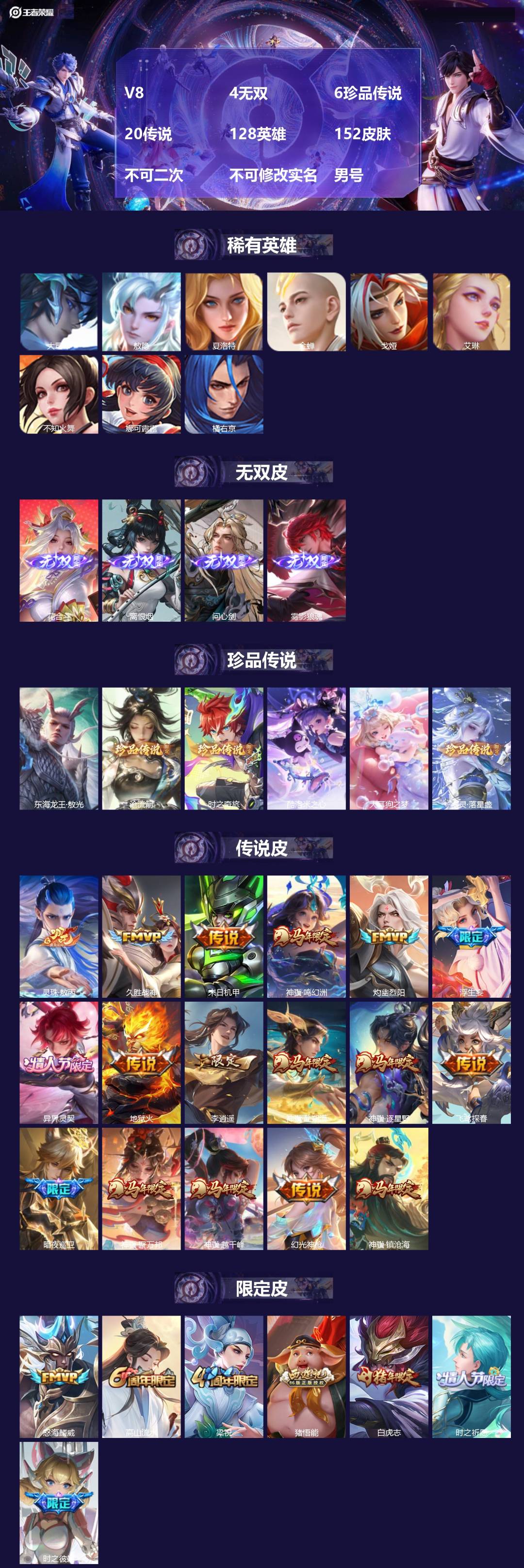 王者荣耀账号苹果QQV8 4无双 6珍品传说 20传说 128英雄 152皮肤 不可二次 不可修改实名 男号 
【英雄全