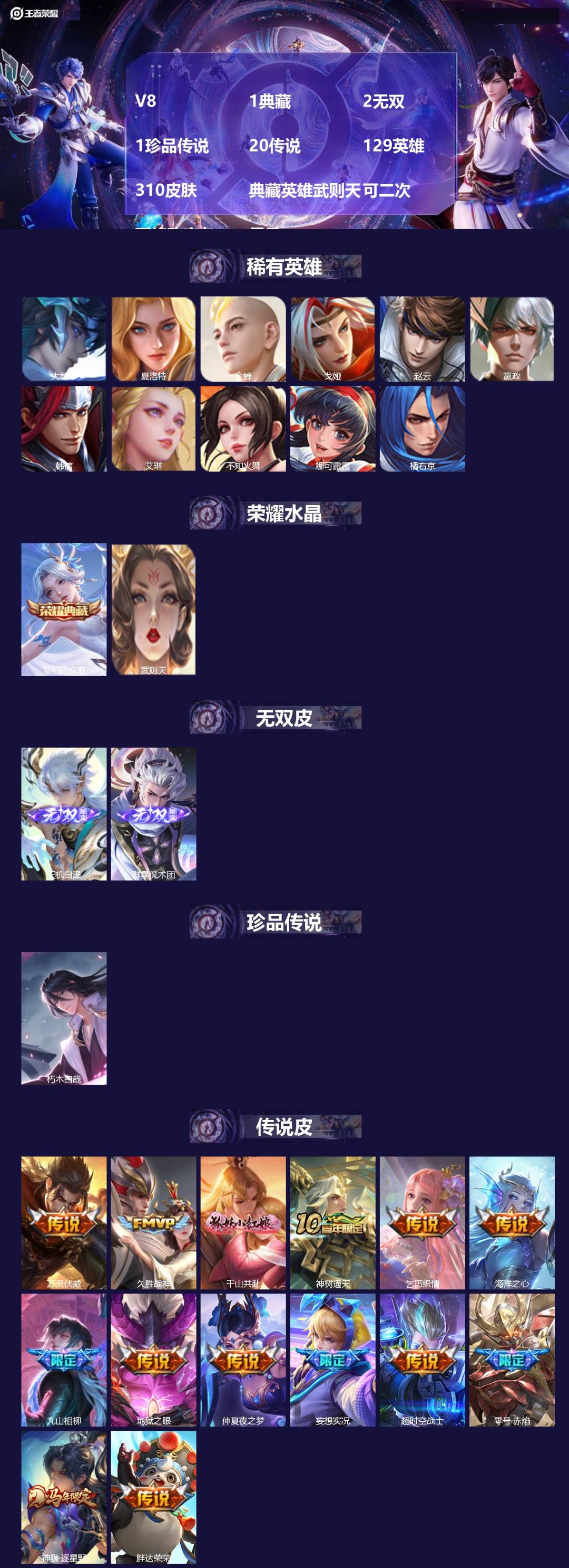 王者荣耀账号苹果QQV8 1典藏 2无双 1珍品传说 20传说 129英雄 310皮肤 典藏英雄武则天 可二次 可修改实