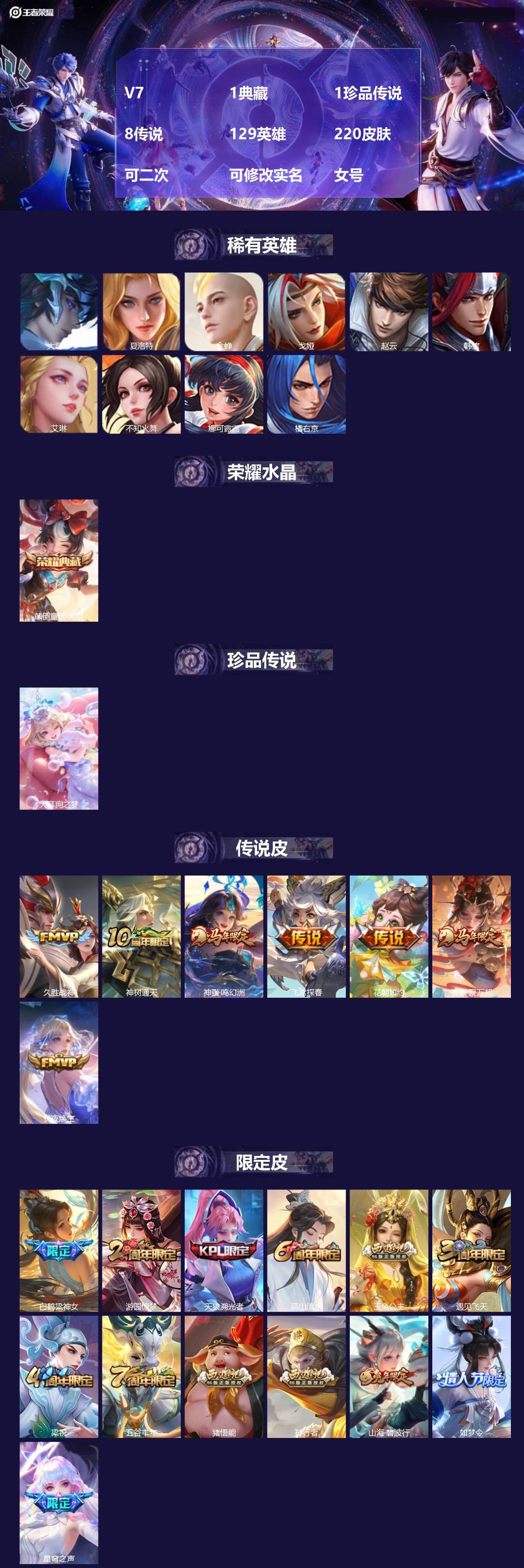 王者荣耀账号安卓QQV7 1典藏 1珍品传说 8传说 129英雄 220皮肤 可二次 可修改实名 女号 
【英雄全皮】大