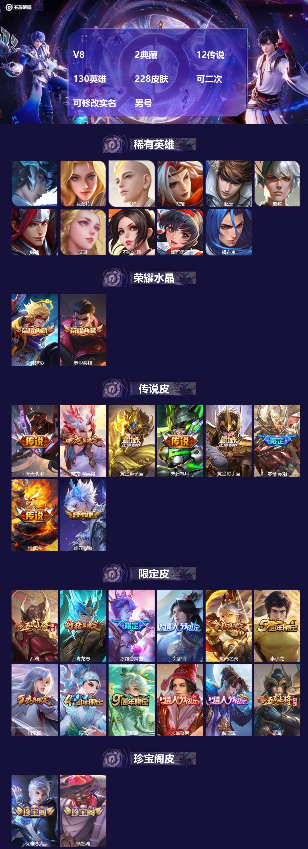 王者荣耀账号安卓QQV8 2典藏 12传说 130英雄 228皮肤 可二次 可修改实名 男号 
【英雄全皮】心魔六耳全皮