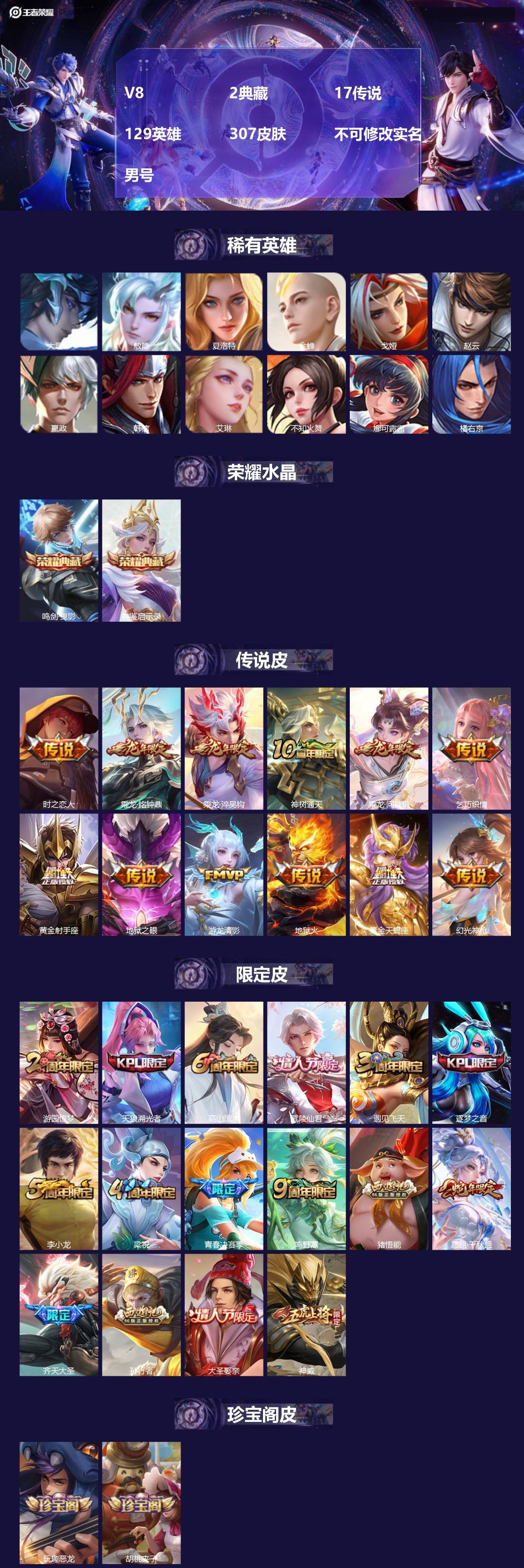 王者荣耀账号安卓QQ[27581645]V8 2典藏 17传说 129英雄 307皮肤 不可修改实名 男号 
【稀有英雄