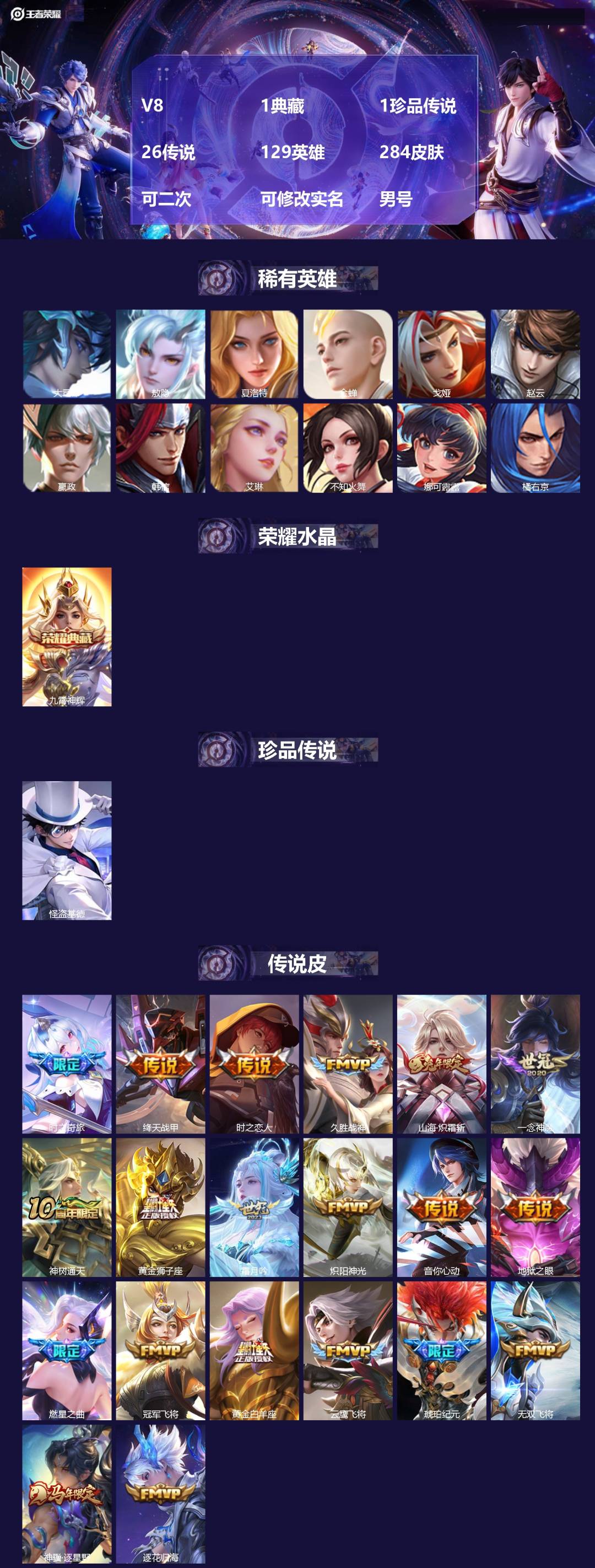 王者荣耀账号安卓QQ[27588726]V8 1典藏 1珍品传说 26传说 129英雄 284皮肤 可二次 可修改实名 