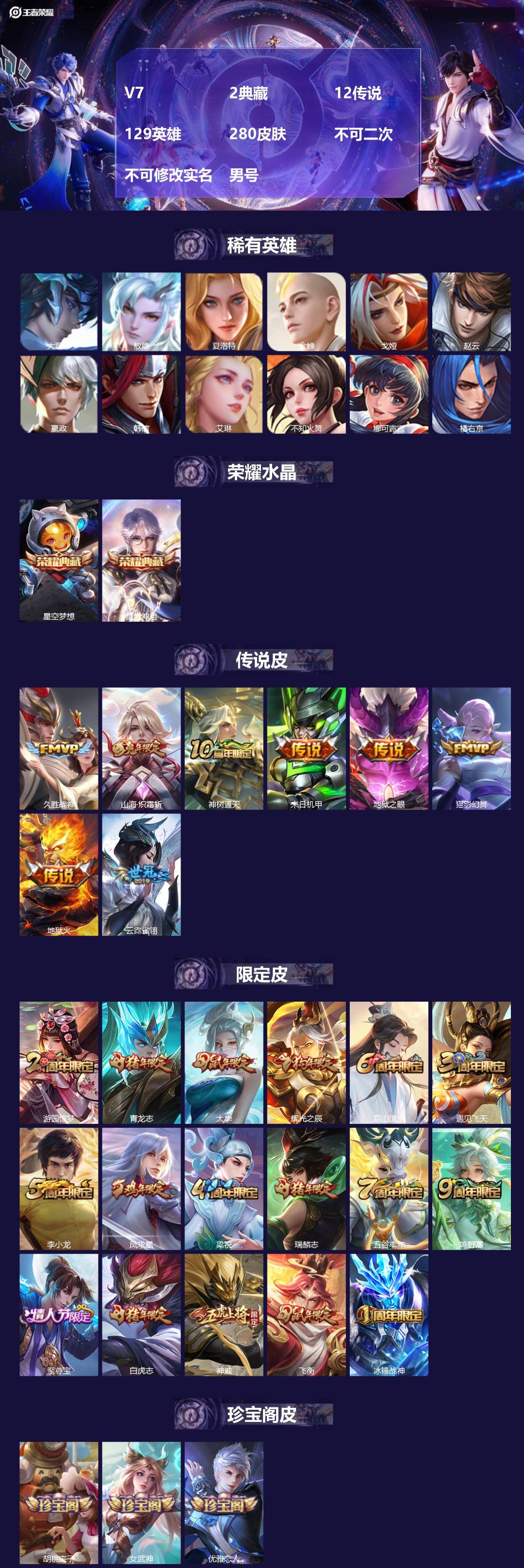 王者荣耀账号苹果QQ[27603724]V7 2典藏 12传说 129英雄 280皮肤 不可二次 不可修改实名 男号 
