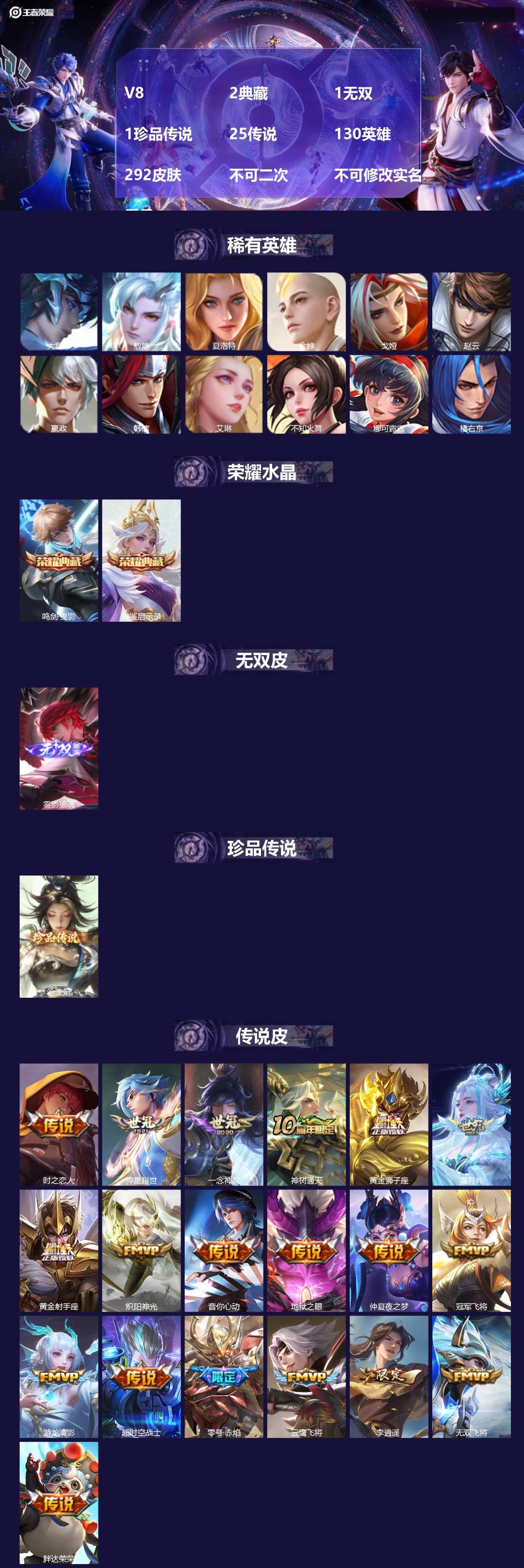 王者荣耀账号苹果QQ[27617588]V8 2典藏 1无双 1珍品传说 25传说 130英雄 292皮肤 不可二次 不