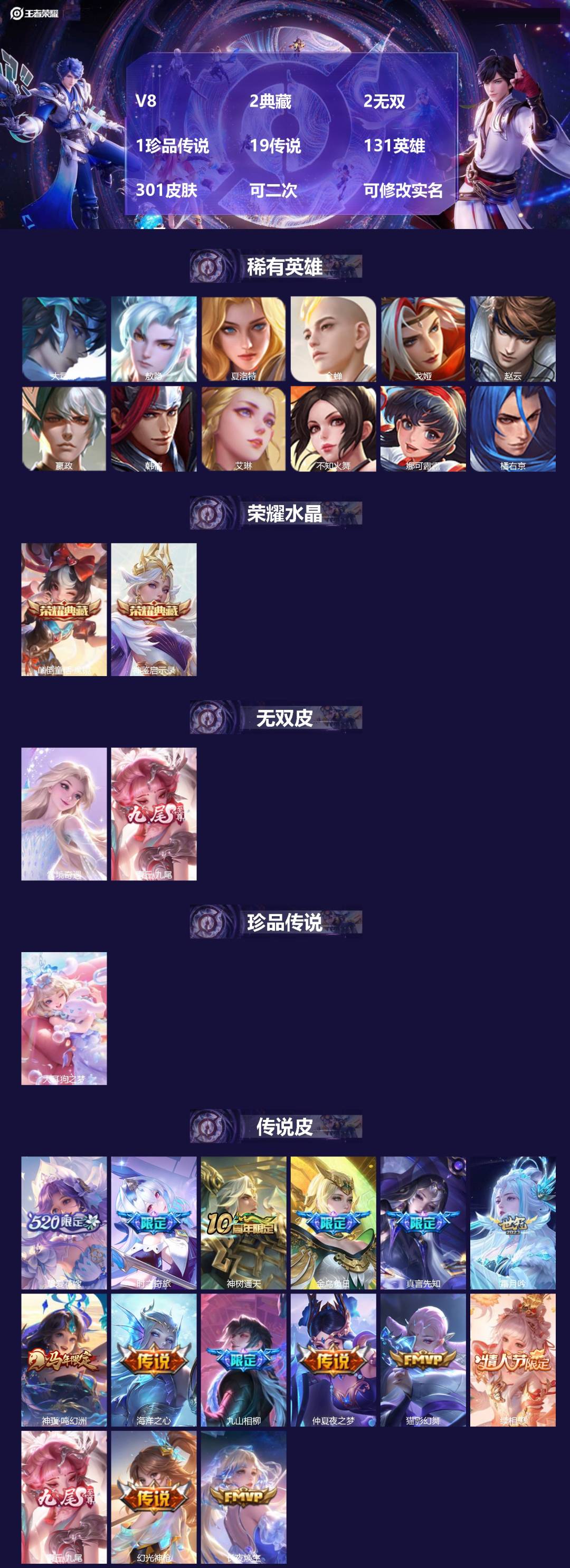 王者荣耀账号安卓QQV8 2典藏 2无双 1珍品传说 19传说 131英雄 301皮肤 可二次 可修改实名 女号 
【英