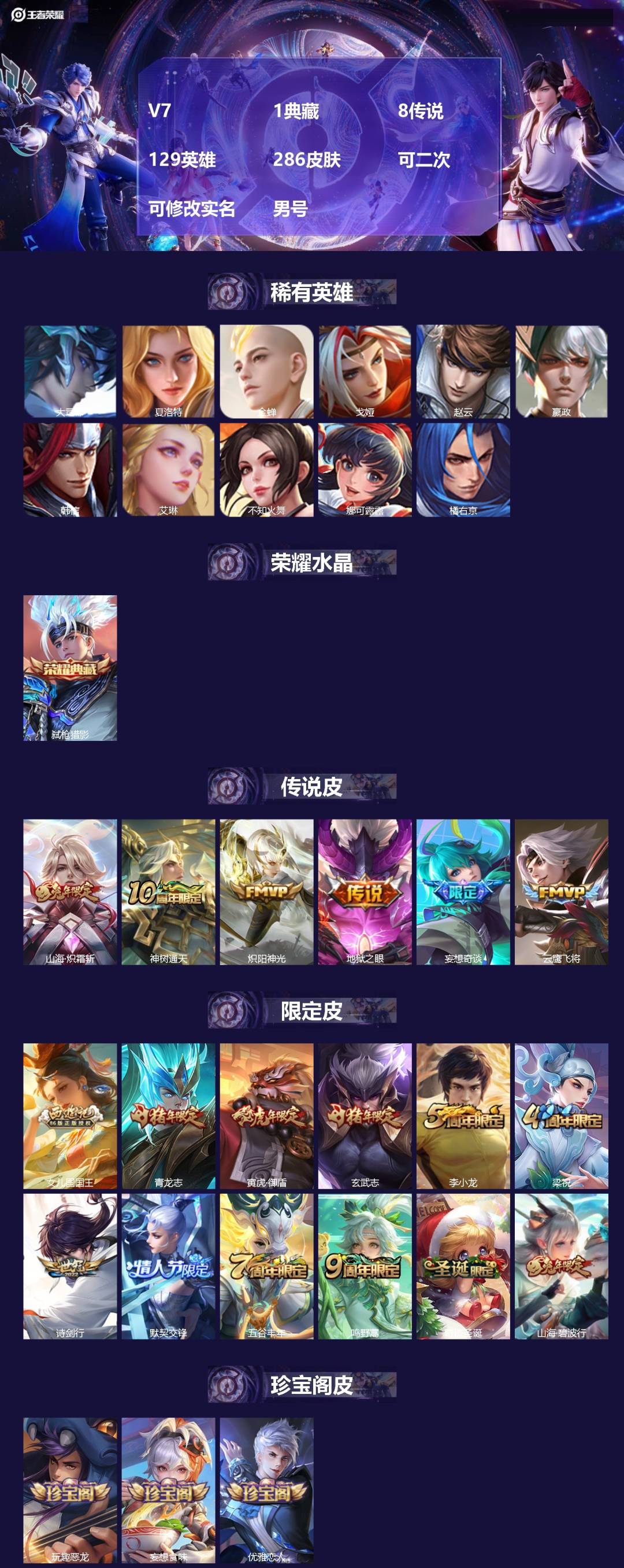 王者荣耀账号安卓QQ[27636525]V7 1典藏 8传说 129英雄 286皮肤 可二次 可修改实名 男号 
【英雄