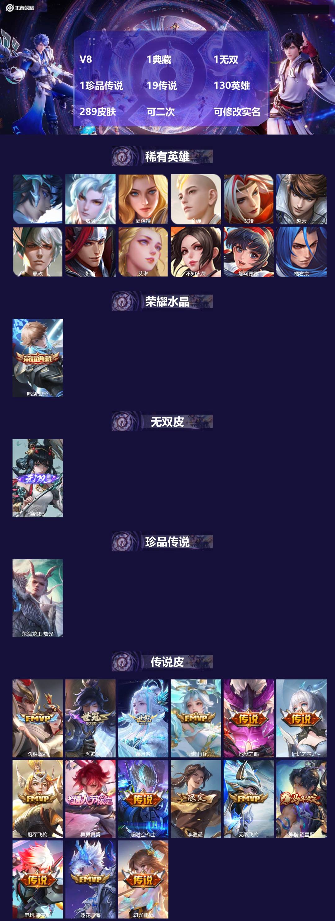 王者荣耀账号安卓QQ[27639954]V8 1典藏 1无双 1珍品传说 19传说 130英雄 289皮肤 可二次 可修