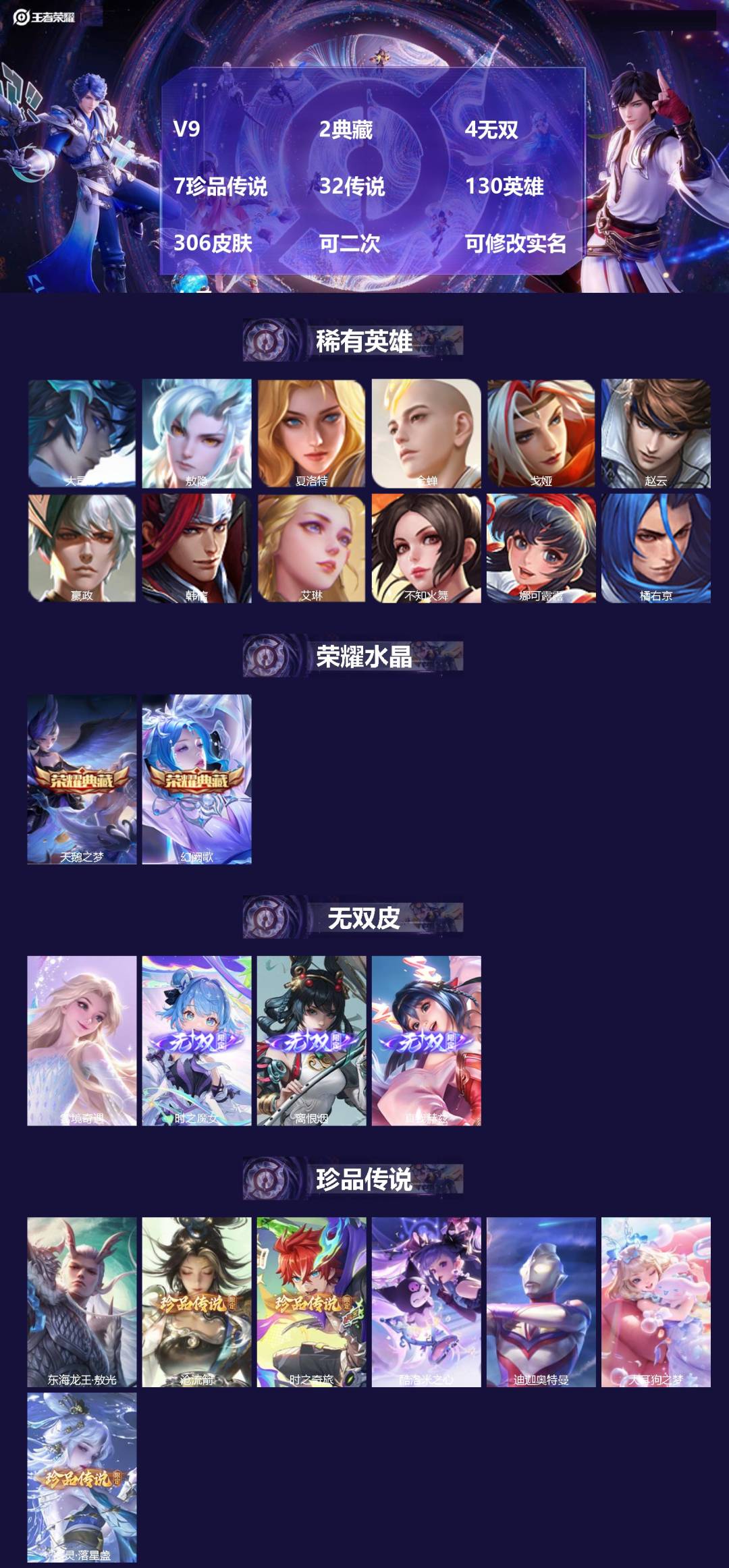 王者荣耀账号苹果QQ[27650390]V9 2典藏 4无双 7珍品传说 32传说 130英雄 306皮肤 可二次 可修