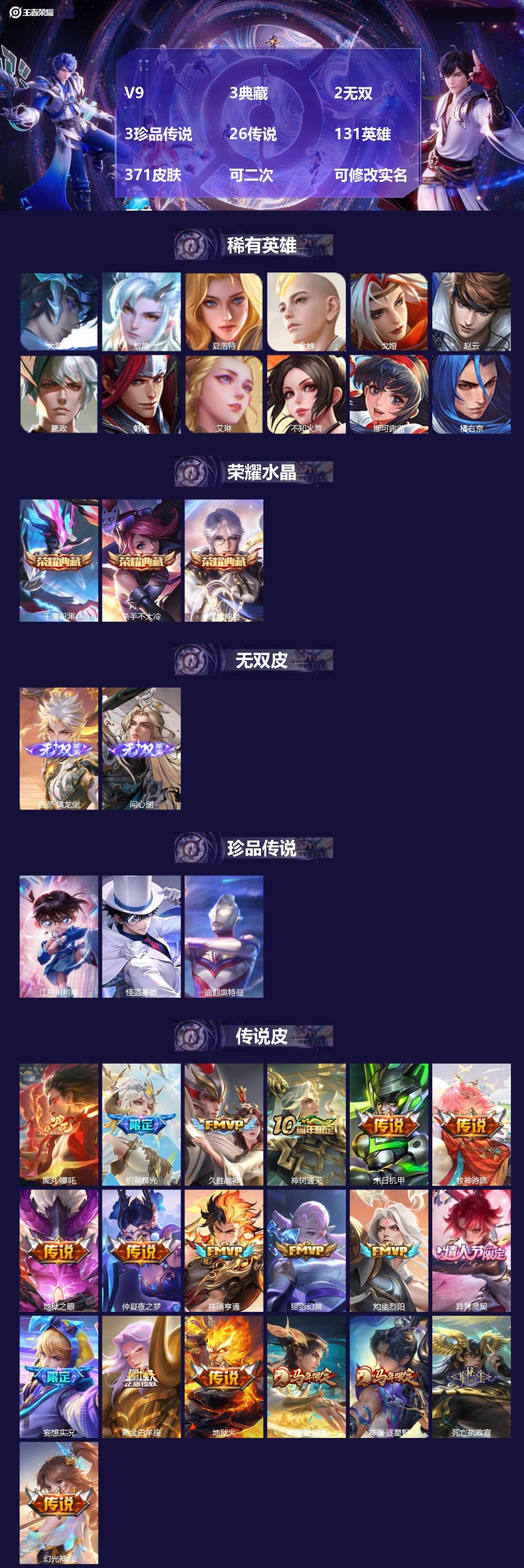 王者荣耀账号苹果QQ[27662781]V9 3典藏 2无双 3珍品传说 26传说 131英雄 371皮肤 可二次 可修
