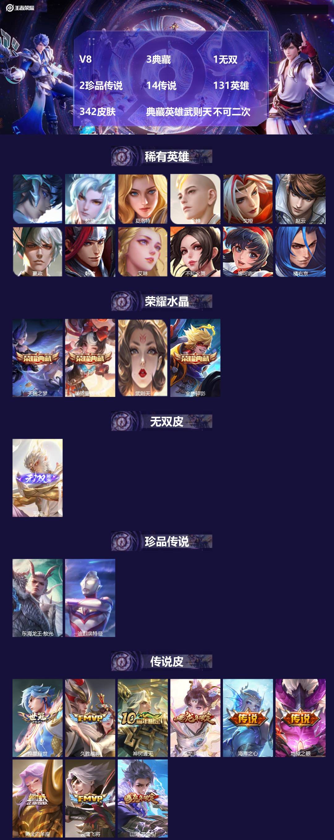 王者荣耀账号安卓QQ[27664448]V8 3典藏 1无双 2珍品传说 14传说 131英雄 342皮肤 典藏英雄武则