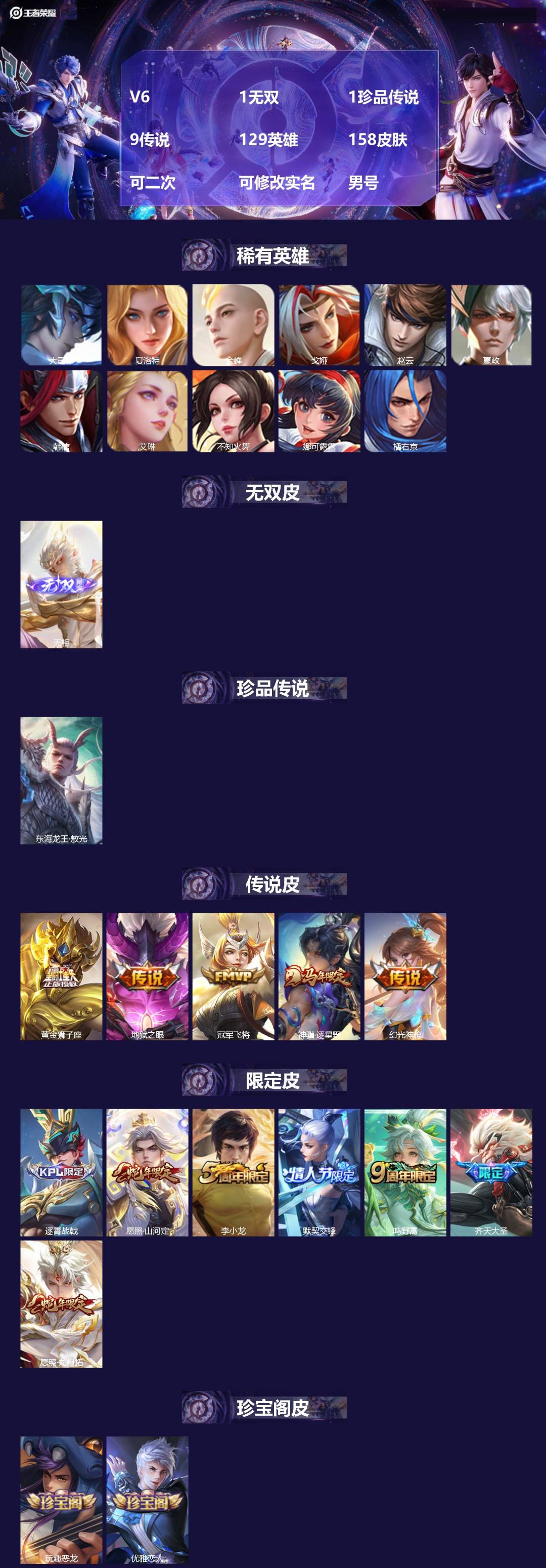 王者荣耀账号安卓QQV6 1无双 1珍品传说 9传说 129英雄 158皮肤 可二次 可修改实名 男号 
【英雄全皮】蚩