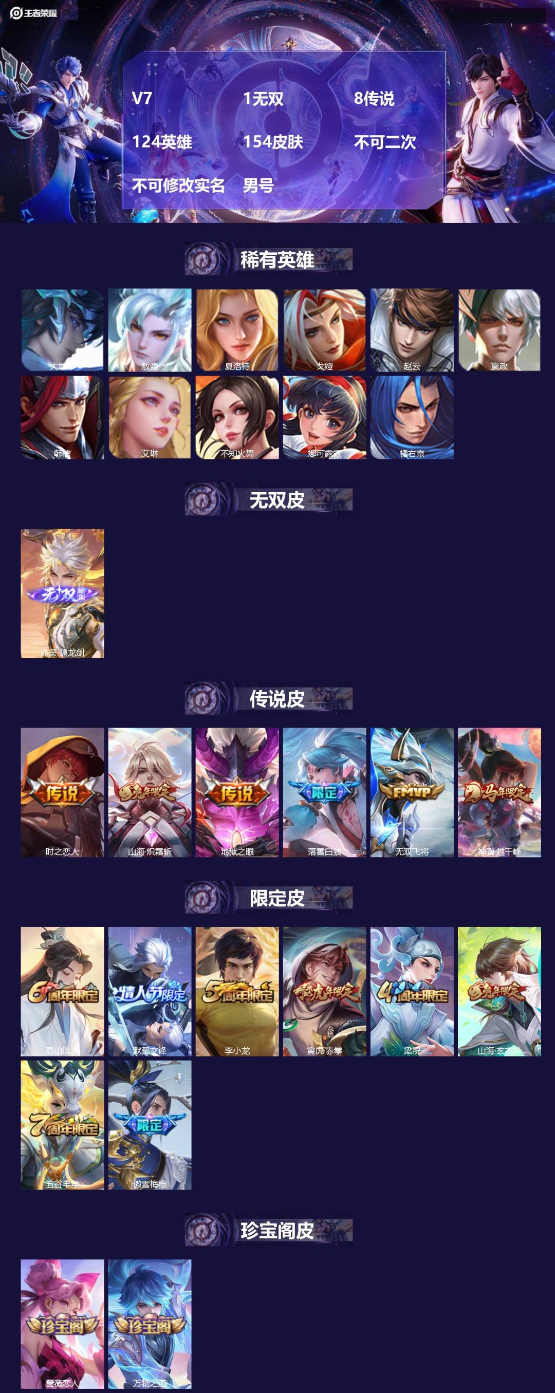 王者荣耀账号安卓QQ[27685046]V7 1无双 8传说 124英雄 154皮肤 不可二次 不可修改实名 男号 
【