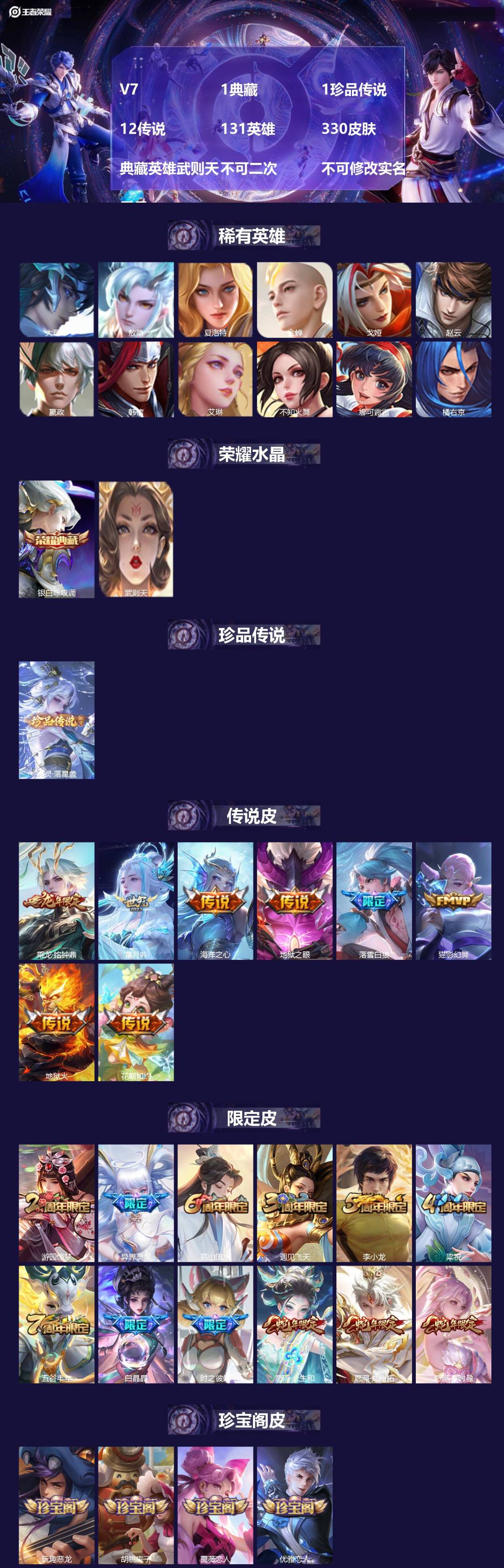 王者荣耀账号安卓QQ[27698164]V7 1典藏 1珍品传说 12传说 131英雄 330皮肤 典藏英雄武则天 不可