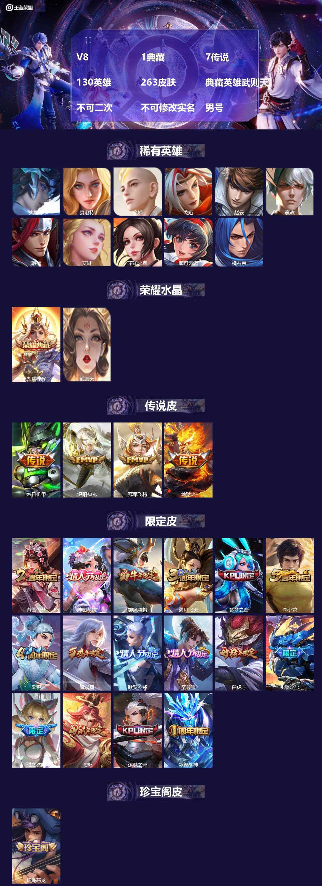 王者荣耀账号安卓QQ[27705684]V8 1典藏 7传说 130英雄 263皮肤 典藏英雄武则天 不可二次 不可修改