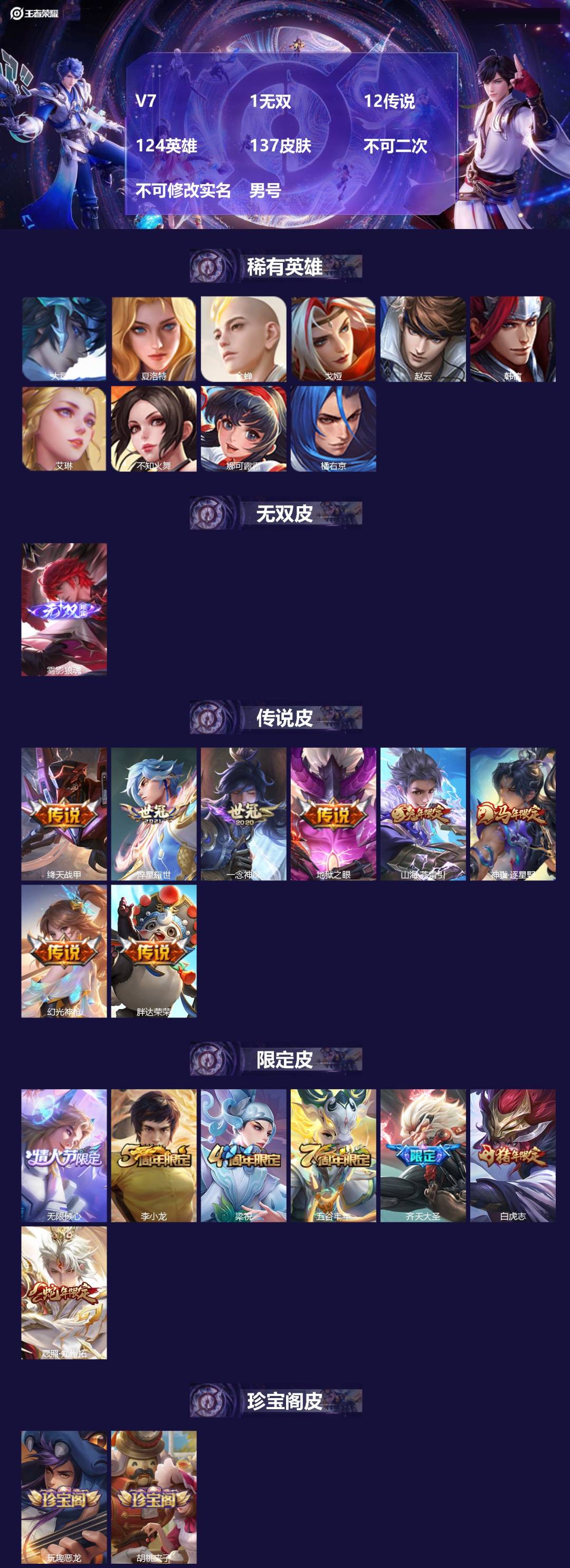 王者荣耀账号安卓QQ[27737043]V7 1无双 12传说 124英雄 137皮肤 不可二次 不可修改实名 男号 
