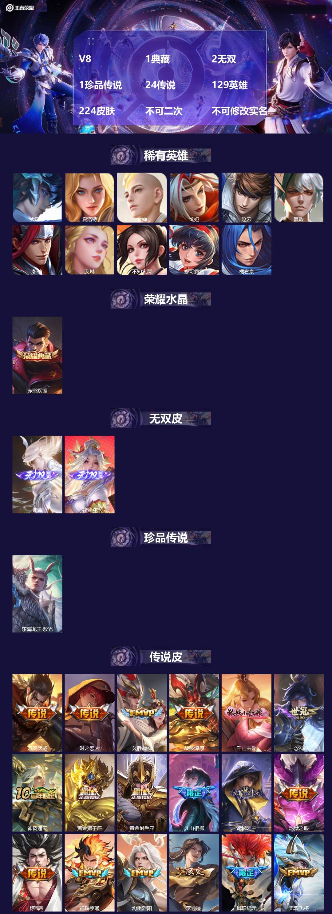 王者荣耀账号苹果QQV8 1典藏 2无双 1珍品传说 24传说 129英雄 224皮肤 不可二次 不可修改实名 男号 
