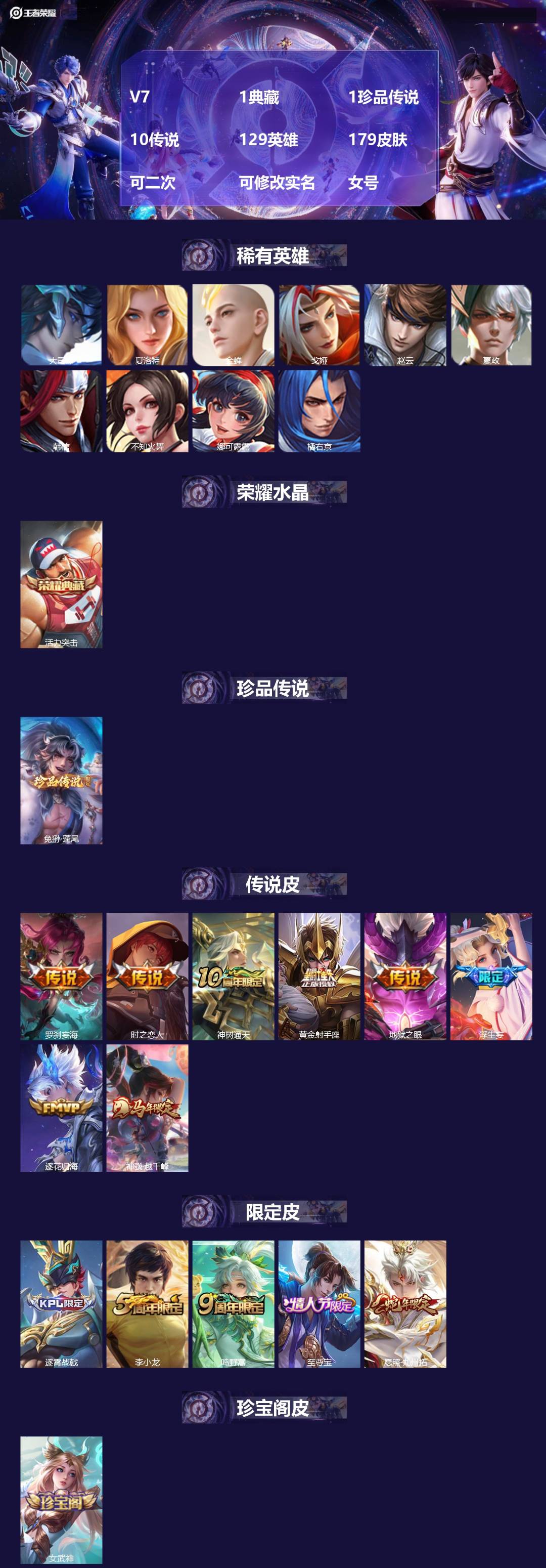 王者荣耀账号安卓QQV7 1典藏 1珍品传说 10传说 129英雄 179皮肤 可二次 可修改实名 女号 
【英雄全皮】
