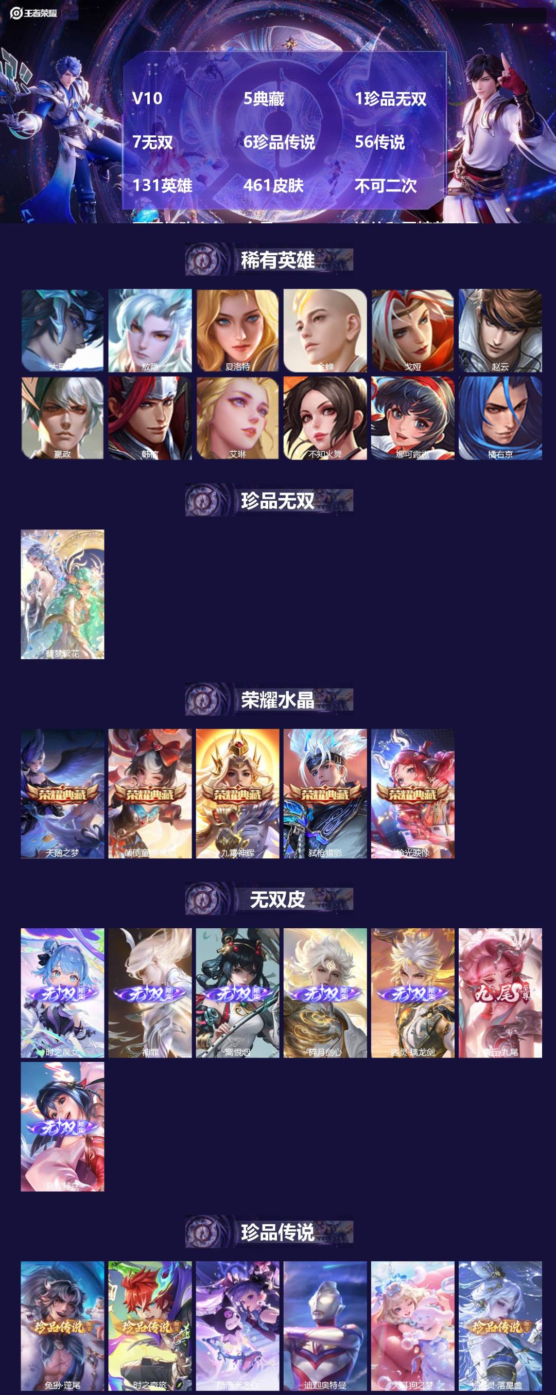 王者荣耀账号安卓QQV10 5典藏 1珍品无双 7无双 6珍品传说 56传说 131英雄 461皮肤 不可二次 不可修改