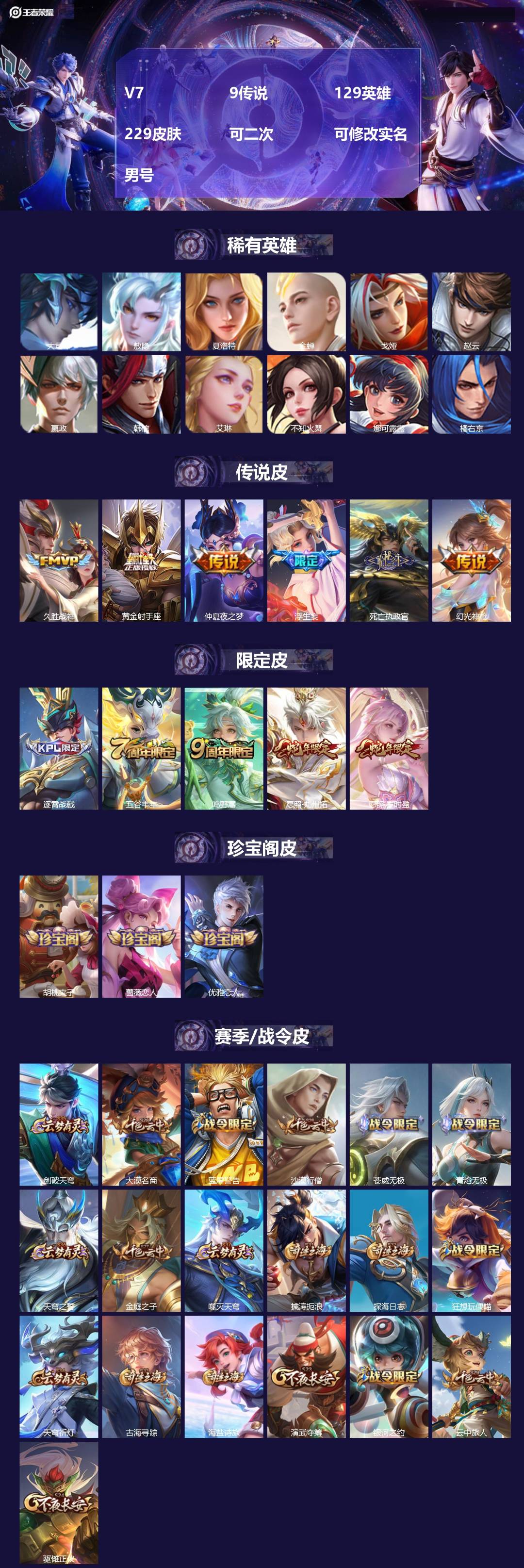 王者荣耀账号安卓QQ[27796877]V7 9传说 129英雄 229皮肤 可二次 可修改实名 男号 
【英雄全皮】空