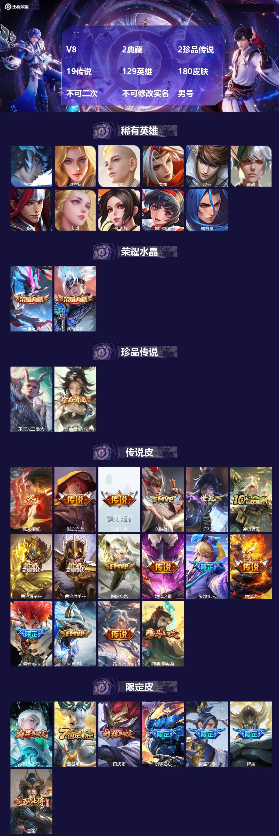 王者荣耀账号苹果QQV8 2典藏 2珍品传说 19传说 129英雄 180皮肤 不可二次 不可修改实名 男号 
【英雄全
