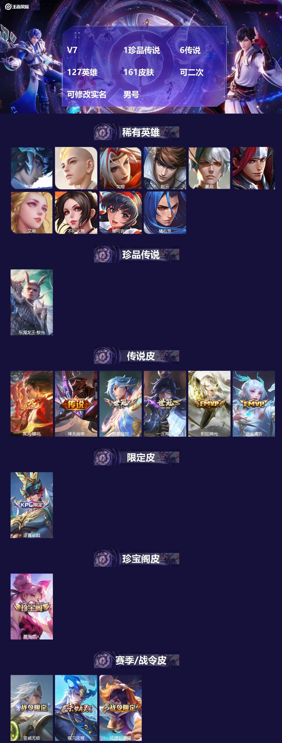 王者荣耀账号苹果QQ[27792362]V7 1珍品传说 6传说 127英雄 161皮肤 可二次 可修改实名 男号 
【