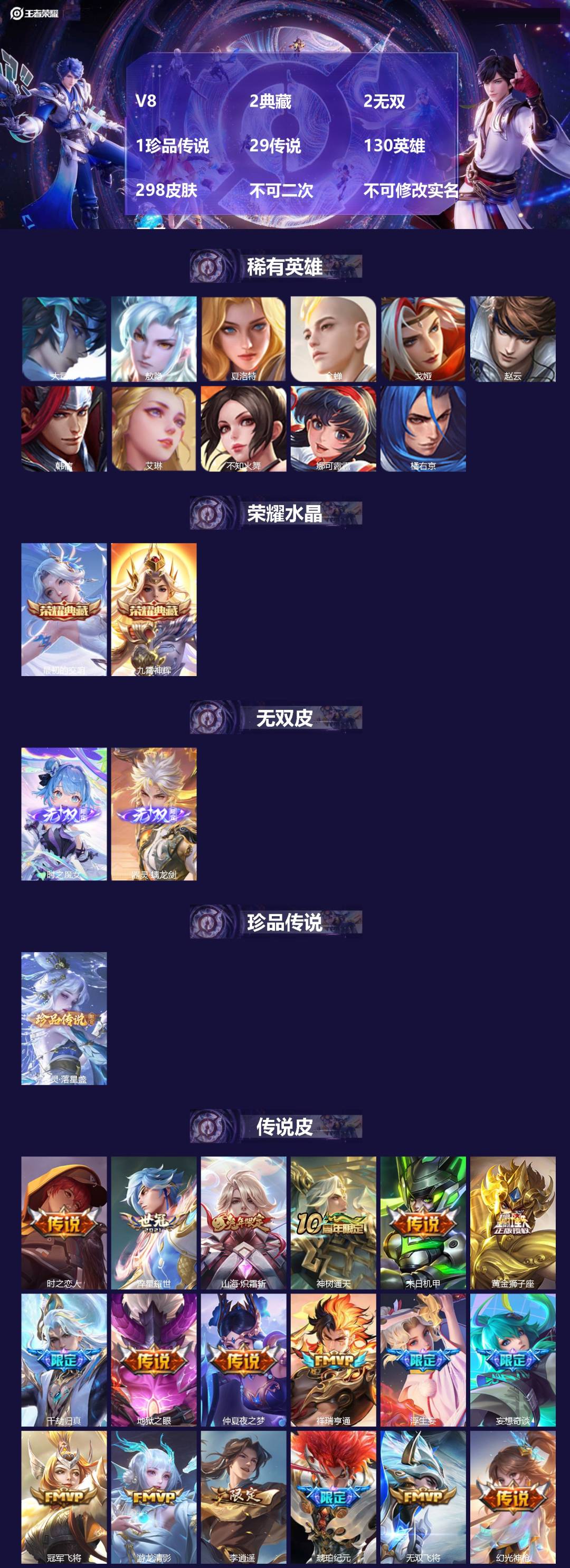 王者荣耀账号苹果QQV8 2典藏 2无双 1珍品传说 29传说 130英雄 298皮肤 不可二次 不可修改实名 男号 
