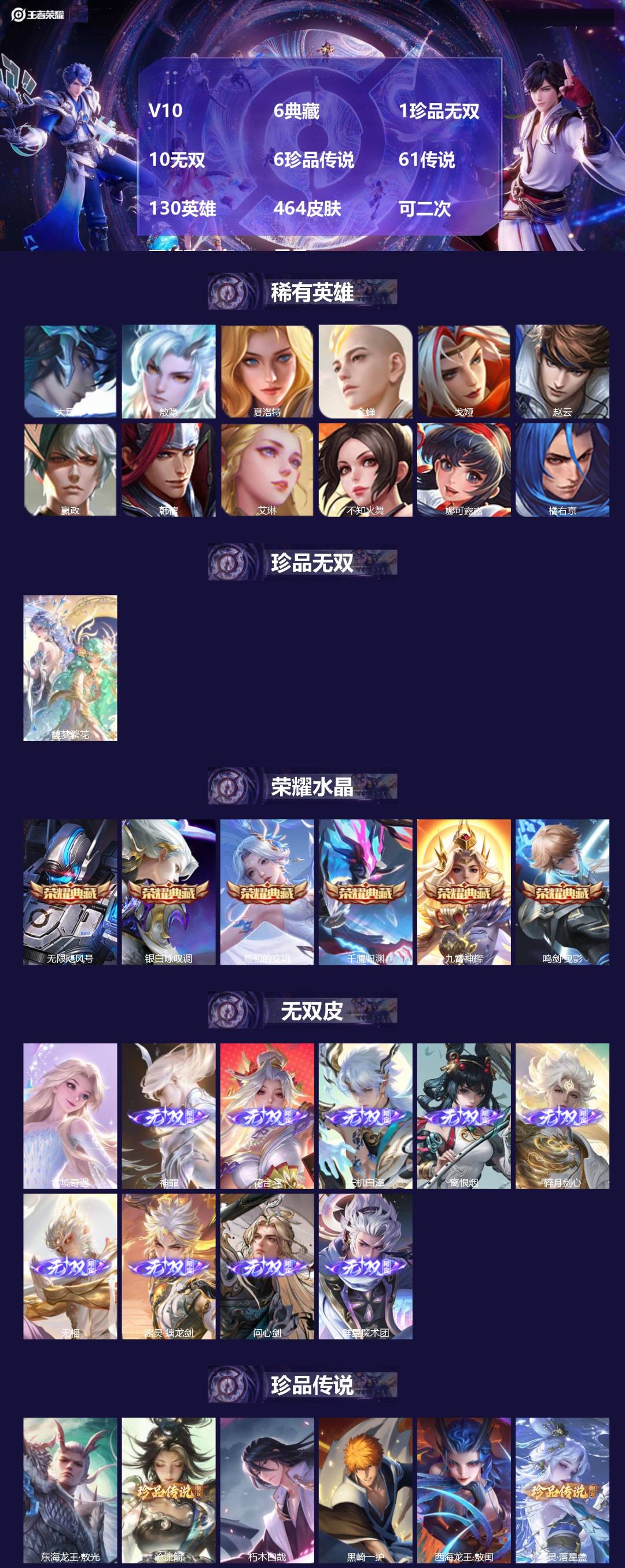 王者荣耀账号安卓QQ[27874843]V10 6典藏 1珍品无双 10无双 6珍品传说 61传说 130英雄 464皮