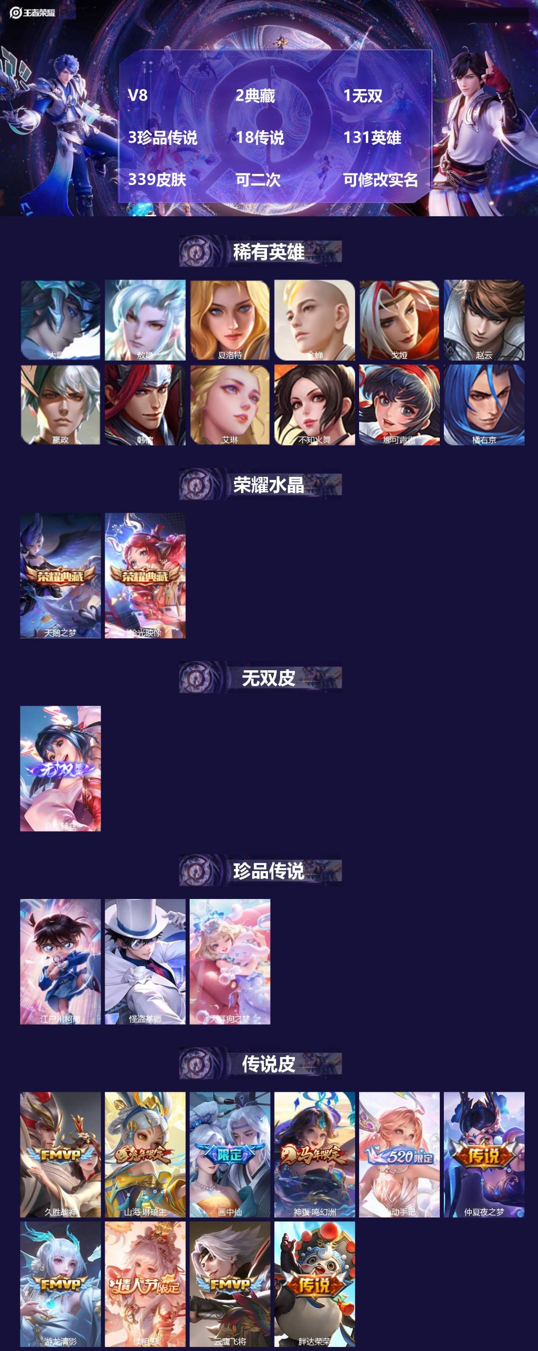 王者荣耀账号安卓QQV8 2典藏 1无双 3珍品传说 18传说 131英雄 339皮肤 可二次 可修改实名 女号 
【英