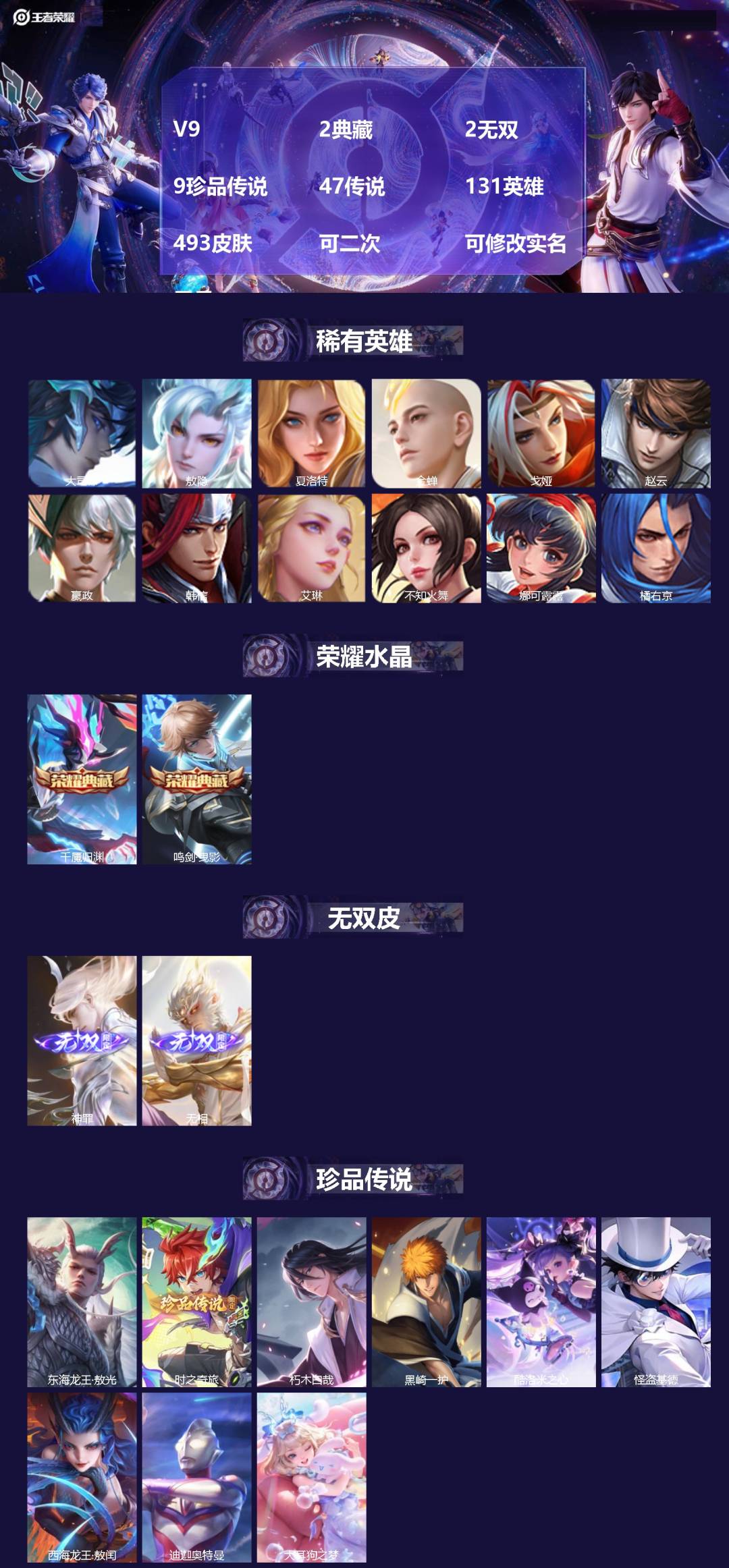 王者荣耀账号安卓QQV9 2典藏 2无双 9珍品传说 47传说 131英雄 493皮肤 可二次 可修改实名 男号 
【稀