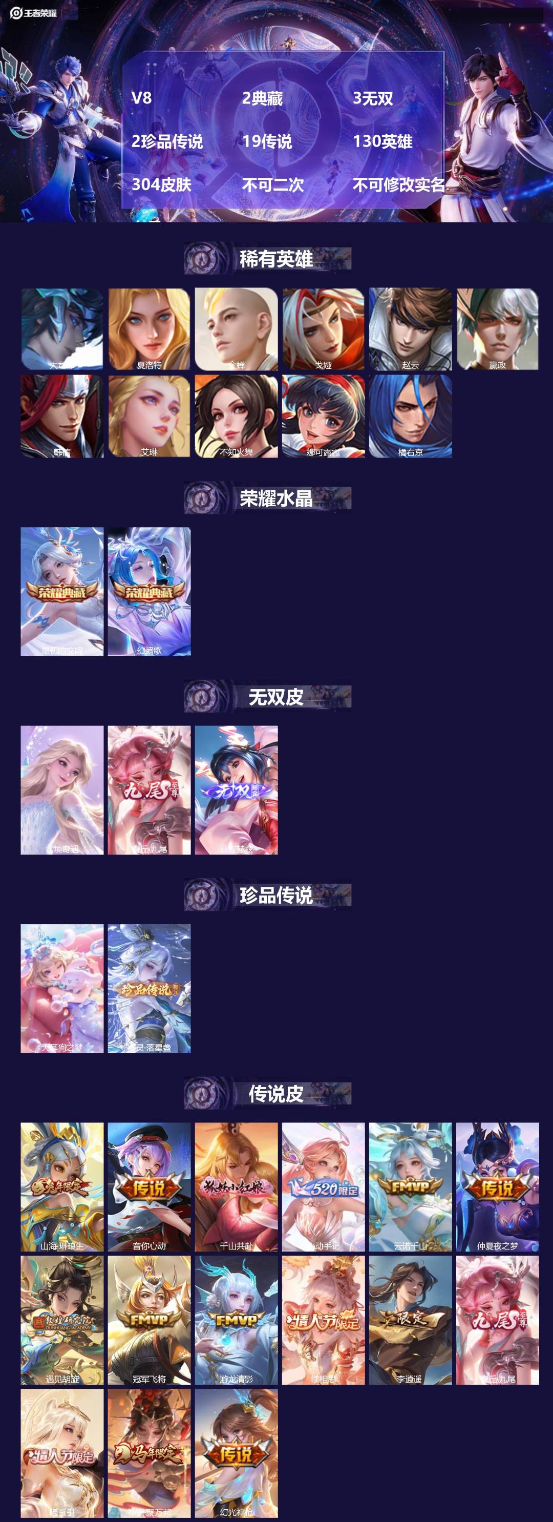 王者荣耀账号安卓QQV8 2典藏 3无双 2珍品传说 19传说 130英雄 304皮肤 不可二次 不可修改实名 女号 
