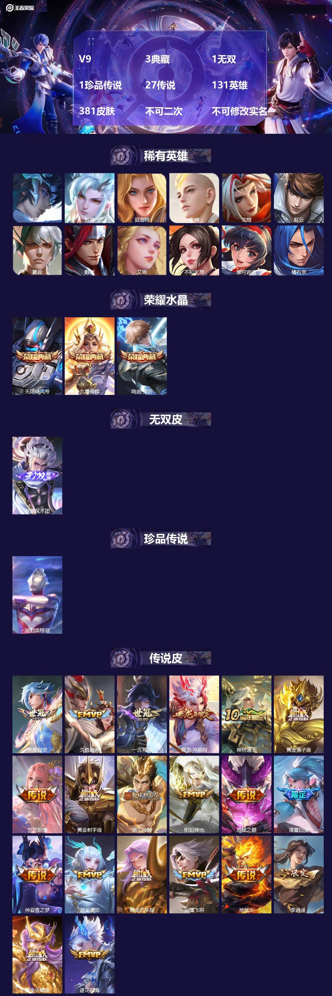 王者荣耀账号安卓QQV9 3典藏 1无双 1珍品传说 27传说 131英雄 381皮肤 不可二次 不可修改实名 女号 
