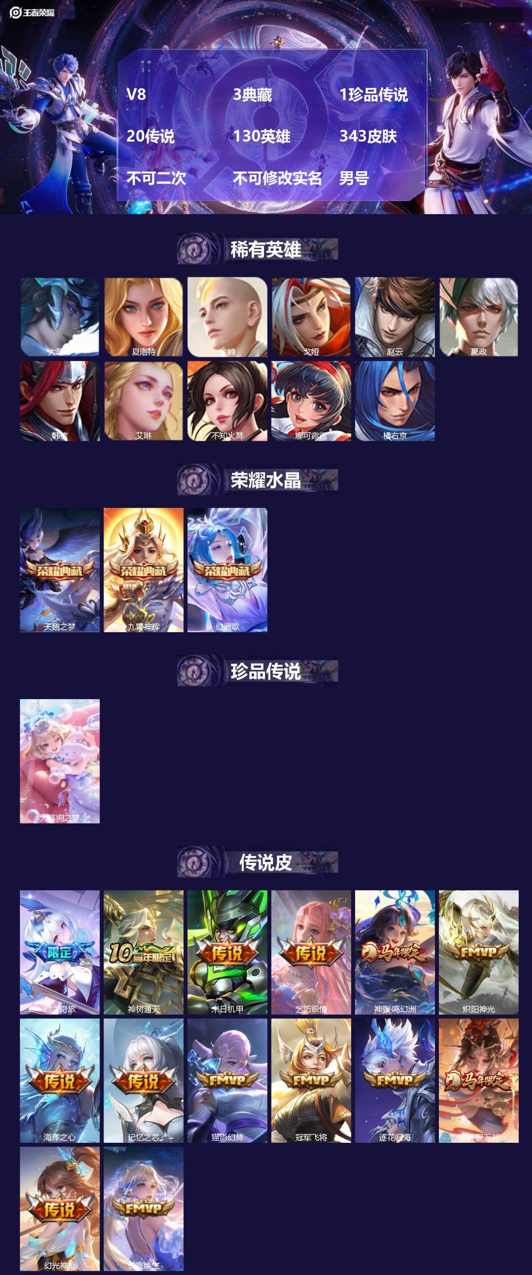王者荣耀账号安卓QQ[27958785]V8 3典藏 1珍品传说 20传说 130英雄 343皮肤 不可二次 不可修改实