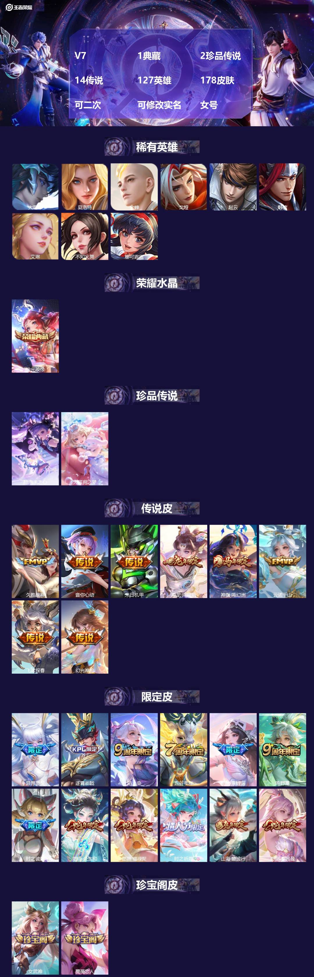王者荣耀账号安卓QQ[27961413]V7 1典藏 2珍品传说 14传说 127英雄 178皮肤 可二次 可修改实名 