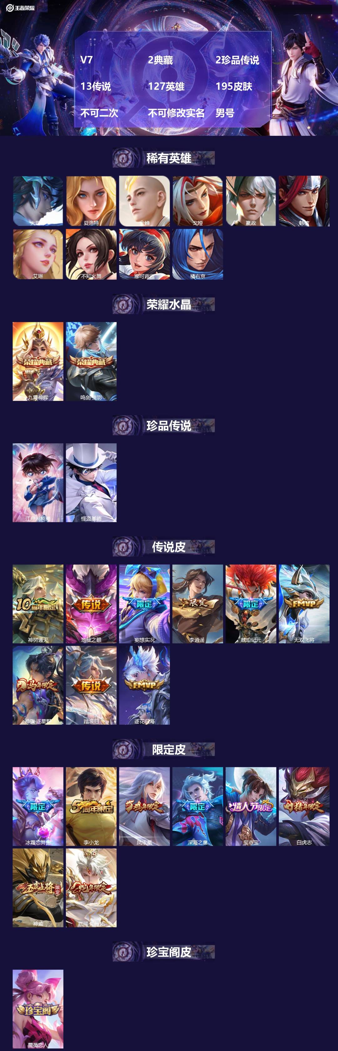 王者荣耀账号安卓QQV7 2典藏 2珍品传说 13传说 127英雄 195皮肤 不可二次 不可修改实名 男号 
【英雄全