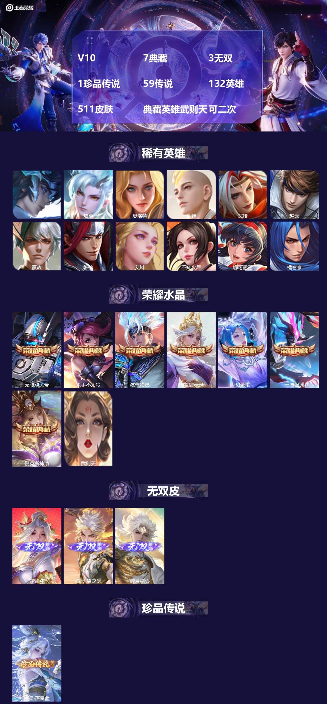 王者荣耀账号安卓QQ[27999958]V10 7典藏 3无双 1珍品传说 59传说 132英雄 511皮肤 典藏英雄武