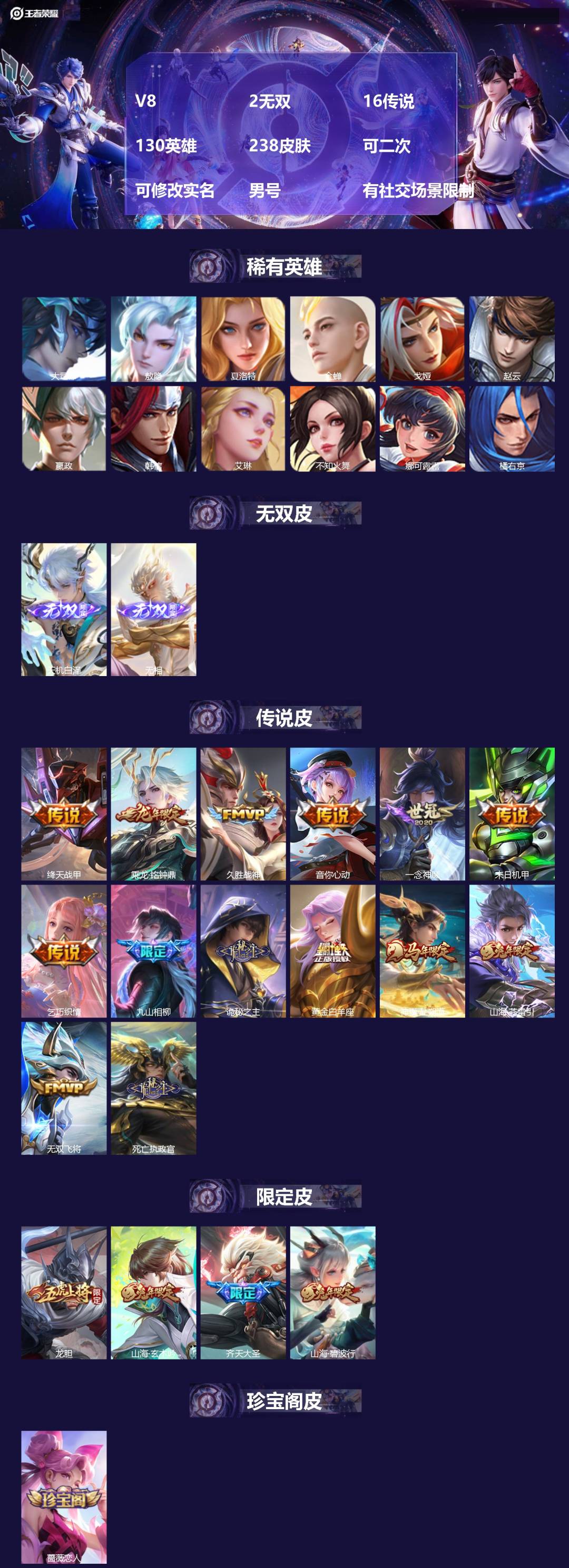 王者荣耀账号苹果VX[28005732]V8 2无双 16传说 130英雄 238皮肤 可二次 可修改实名 男号 有社交