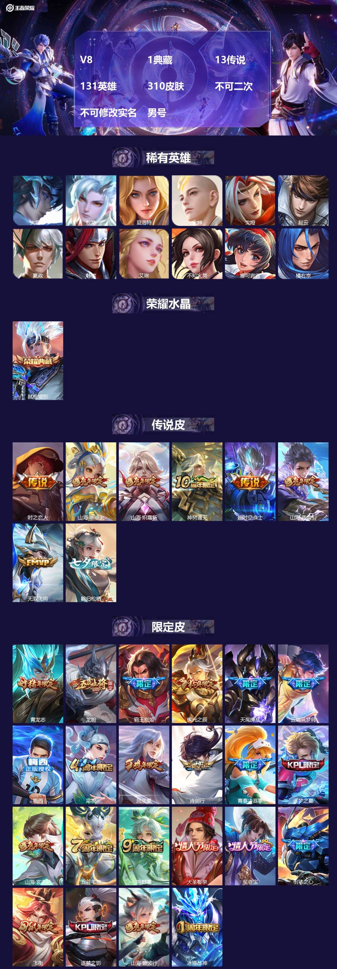 王者荣耀账号苹果QQ[28017071]V8 1典藏 13传说 131英雄 310皮肤 不可二次 不可修改实名 男号 
