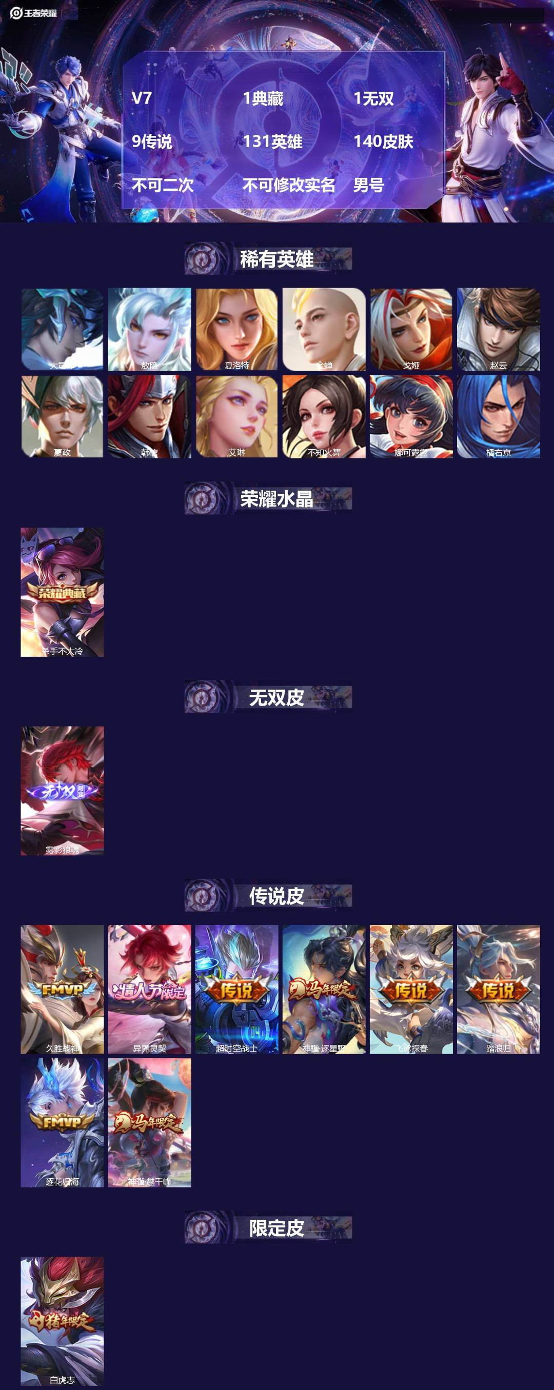 王者荣耀账号安卓QQ[28043952]V7 1典藏 1无双 9传说 131英雄 140皮肤 不可二次 不可修改实名 男