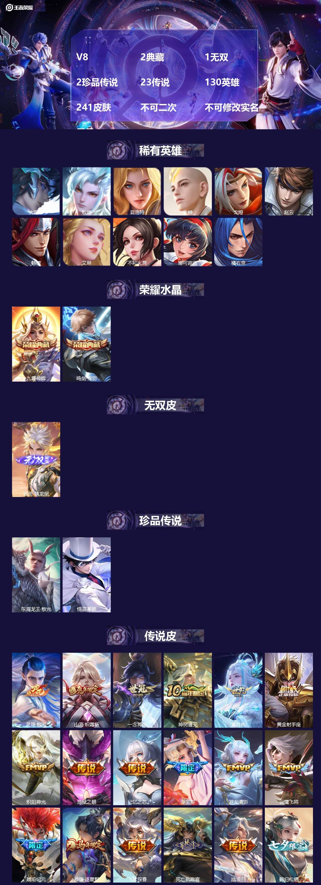 王者荣耀账号安卓QQV8 2典藏 1无双 2珍品传说 23传说 130英雄 241皮肤 不可二次 不可修改实名 男号 
