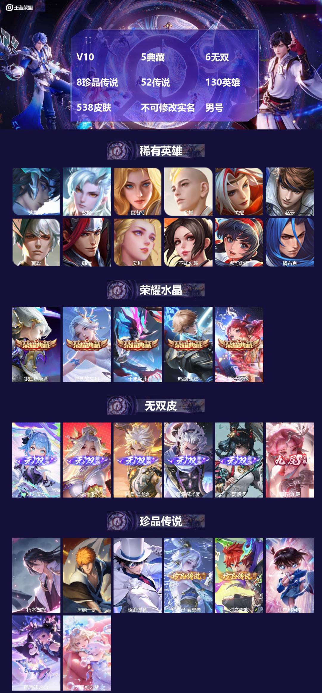 王者荣耀账号安卓QQ[28187049]V10 5典藏 6无双 8珍品传说 52传说 130英雄 538皮肤 不可修改实