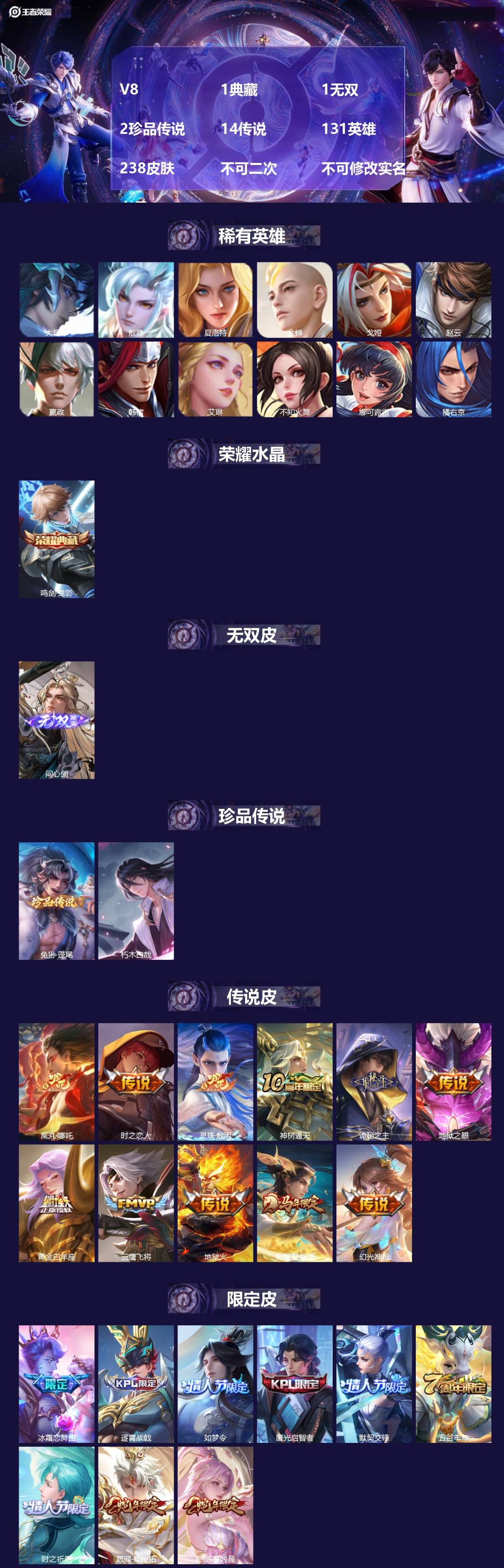 王者荣耀账号苹果QQV8 1典藏 1无双 2珍品传说 14传说 131英雄 238皮肤 不可二次 不可修改实名 女号 
