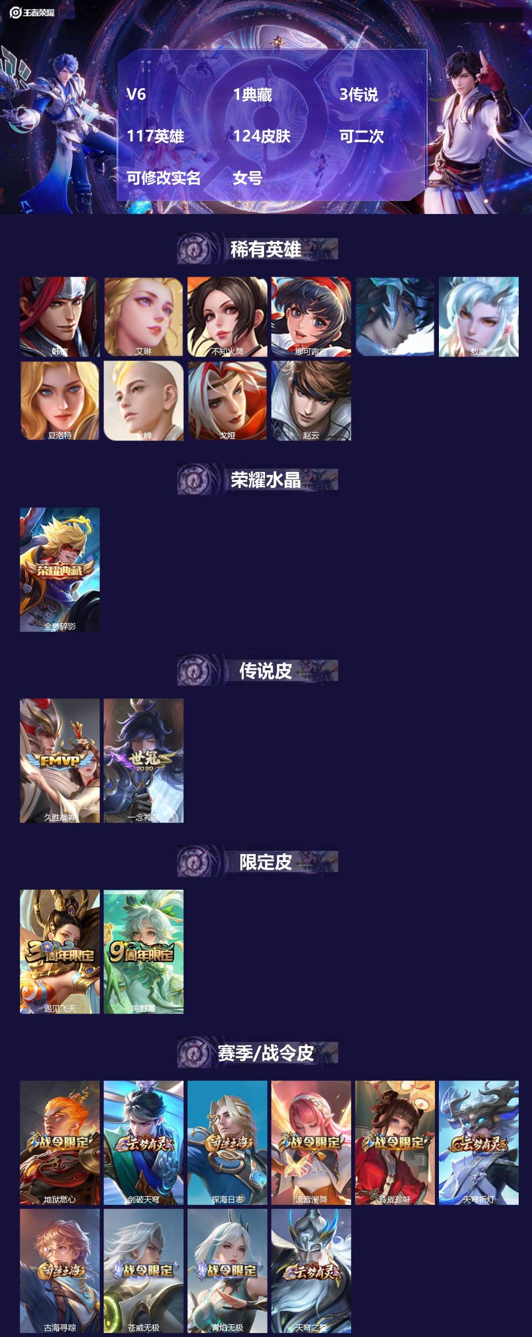 王者荣耀账号安卓QQV6 1典藏 3传说 117英雄 124皮肤 可二次 可修改实名 女号 
【稀有英雄】敖隐(小龙人)