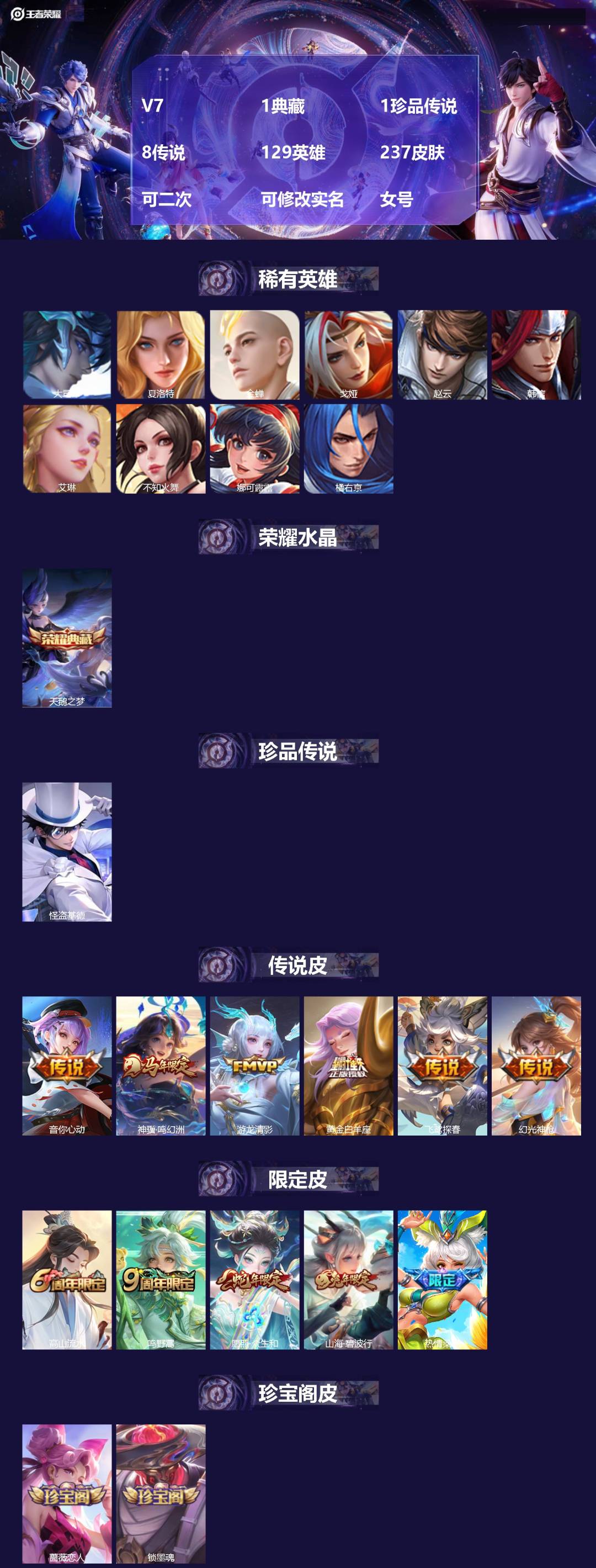 王者荣耀账号安卓QQ[28299814]V7 1典藏 1珍品传说 8传说 129英雄 237皮肤 可二次 可修改实名 女